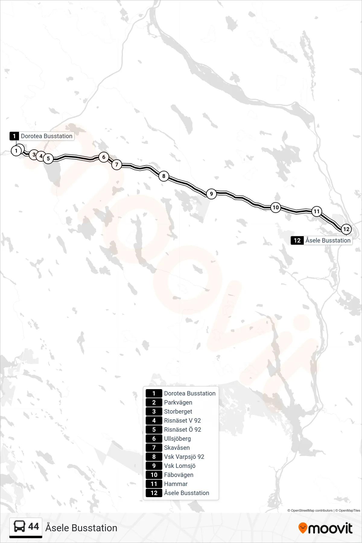 Rutt och hållplatser på karta för linje 44 spårvagn, (Åsele Busstation)