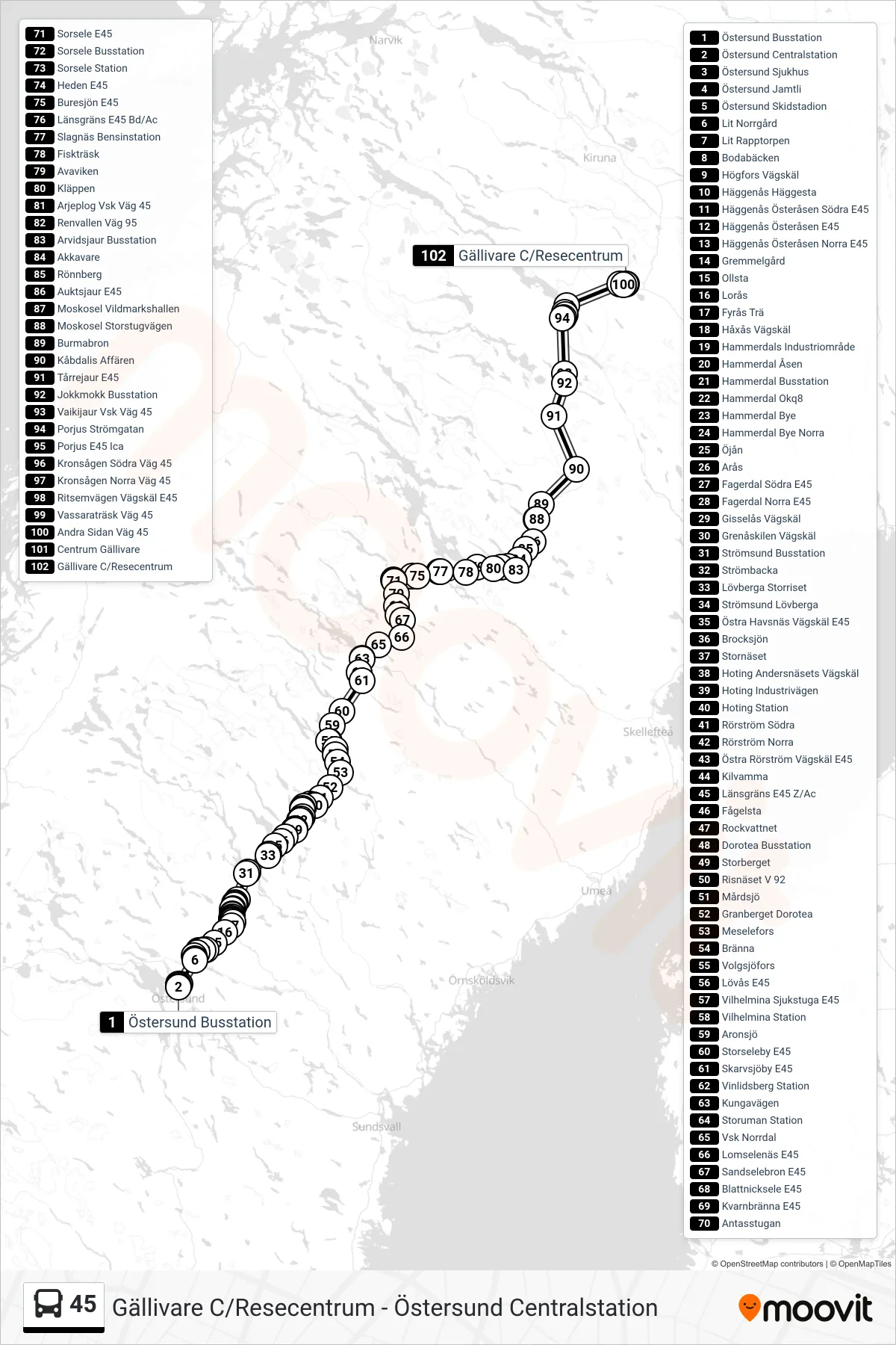 Rutt och hållplatser på karta för linje 45 spårvagn, (Gällivare C/Resecentrum)