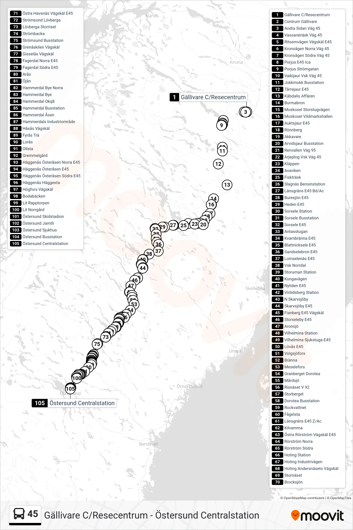Rutt och hållplatser på karta för linje 45 spårvagn, (Östersund Centralstation)