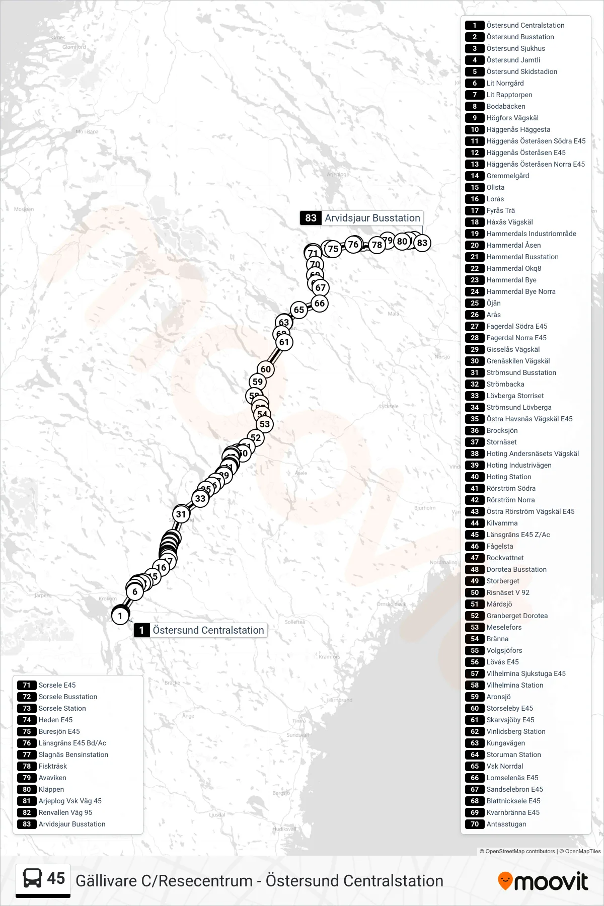 Rutt och hållplatser på karta för linje 45 spårvagn, (Arvidsjaur Busstation)