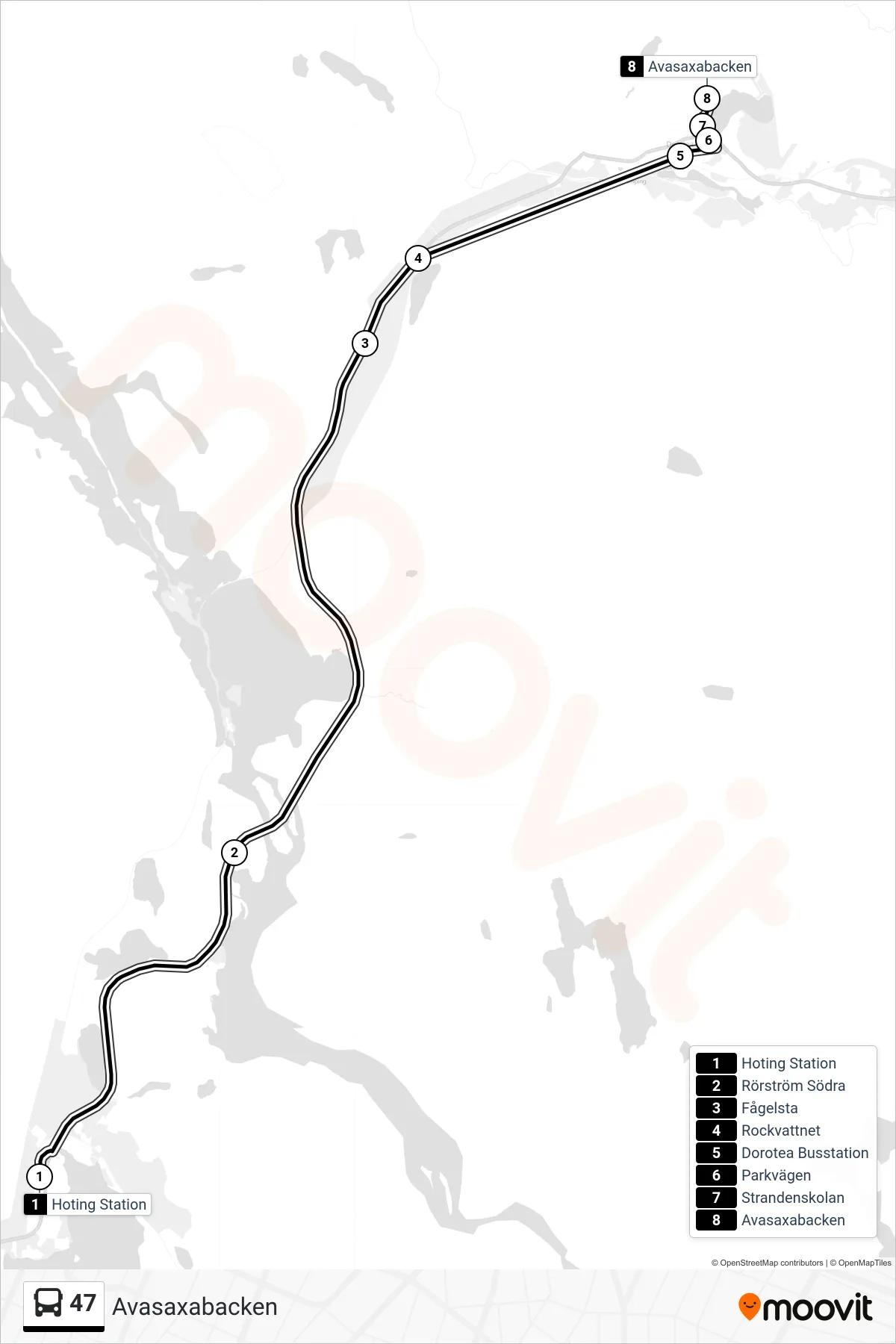 Rutt och hållplatser på karta för linje 47 spårvagn, (Avasaxabacken)