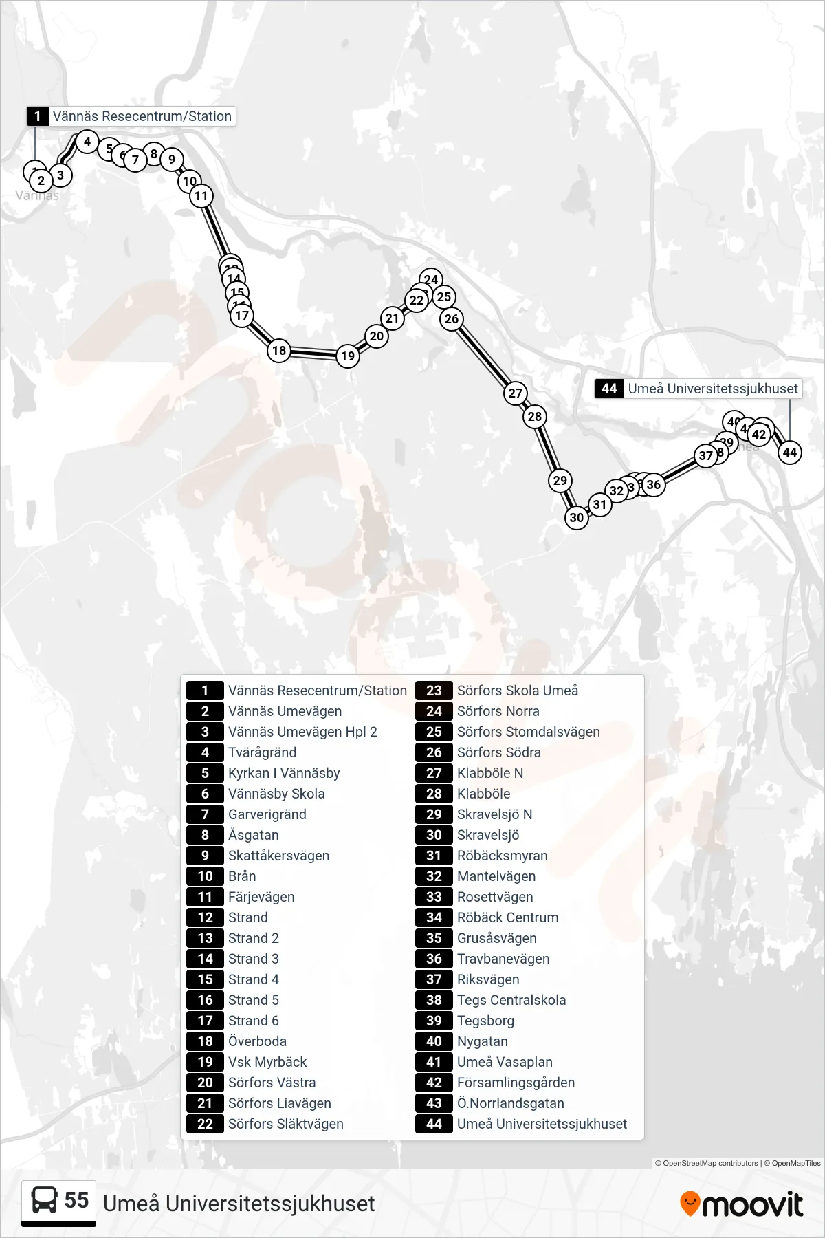 Rutt och hållplatser på karta för linje 55  spårvagn, (Umeå Universitetssjukhuset)