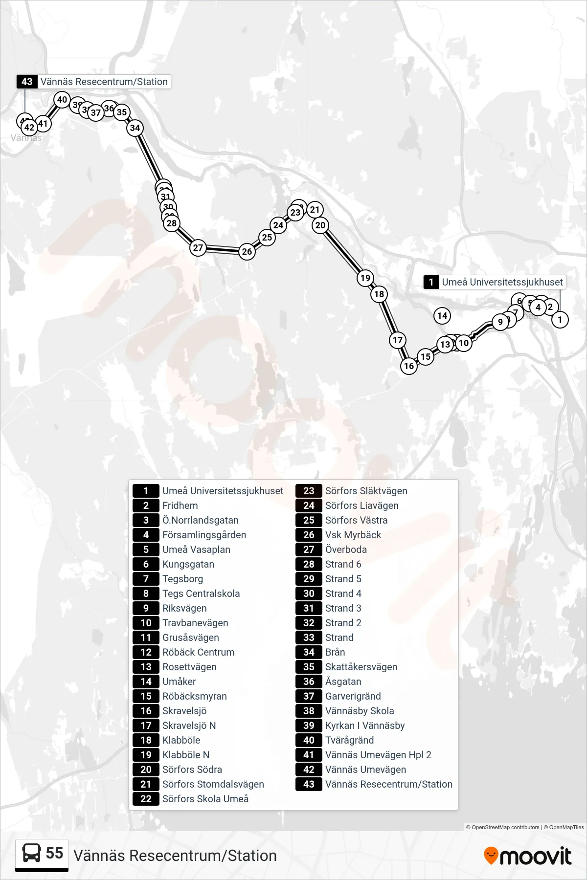 Rutt och hållplatser på karta för linje 55  spårvagn, (Vännäs Resecentrum/Station)