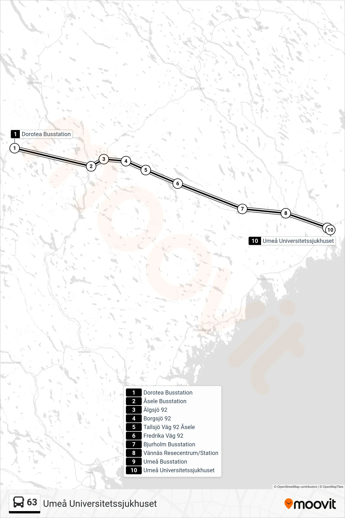 Rutt och hållplatser på karta för linje 63  spårvagn, (Umeå Universitetssjukhuset)
