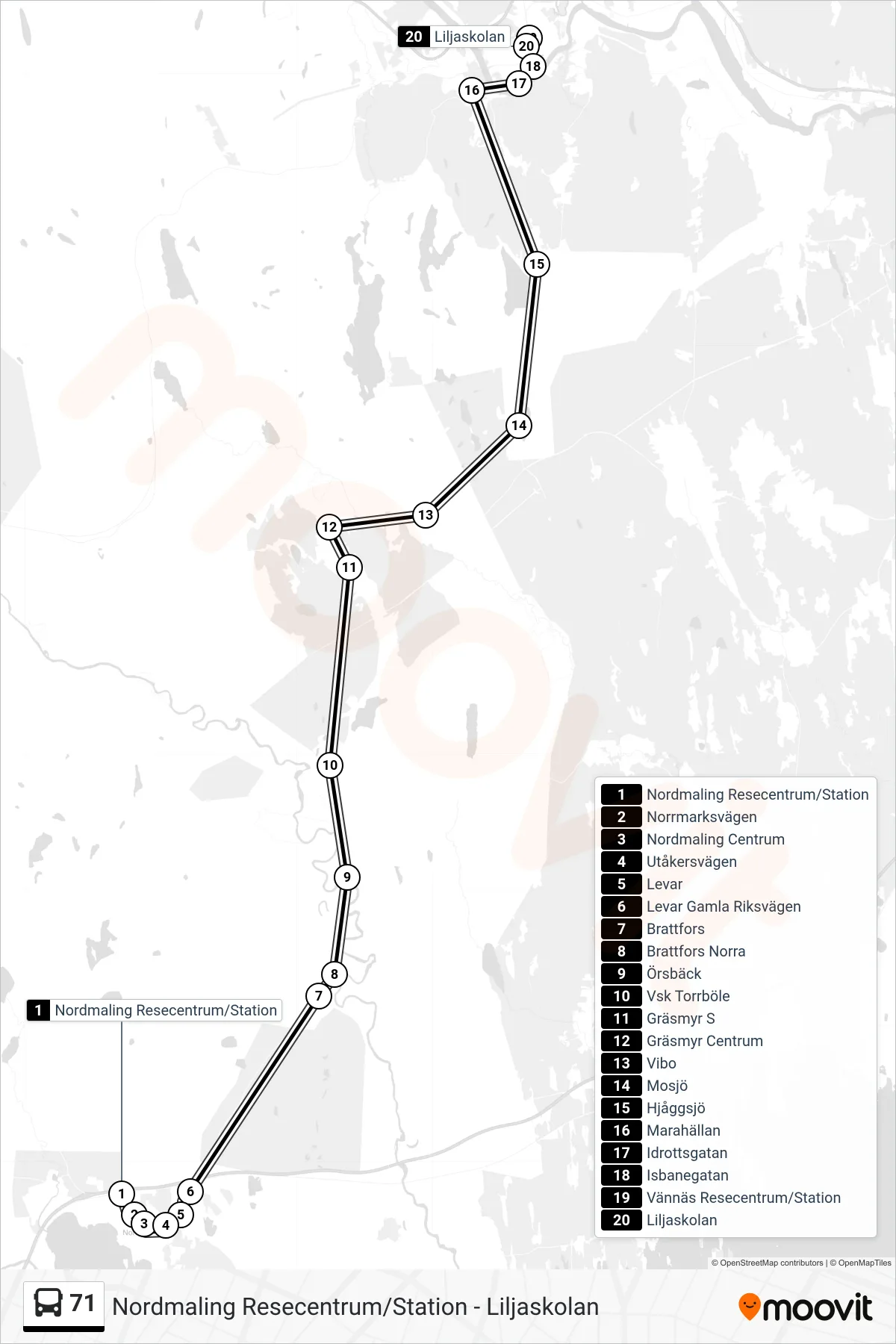 Rutt och hållplatser på karta för linje 71  spårvagn, (Liljaskolan)