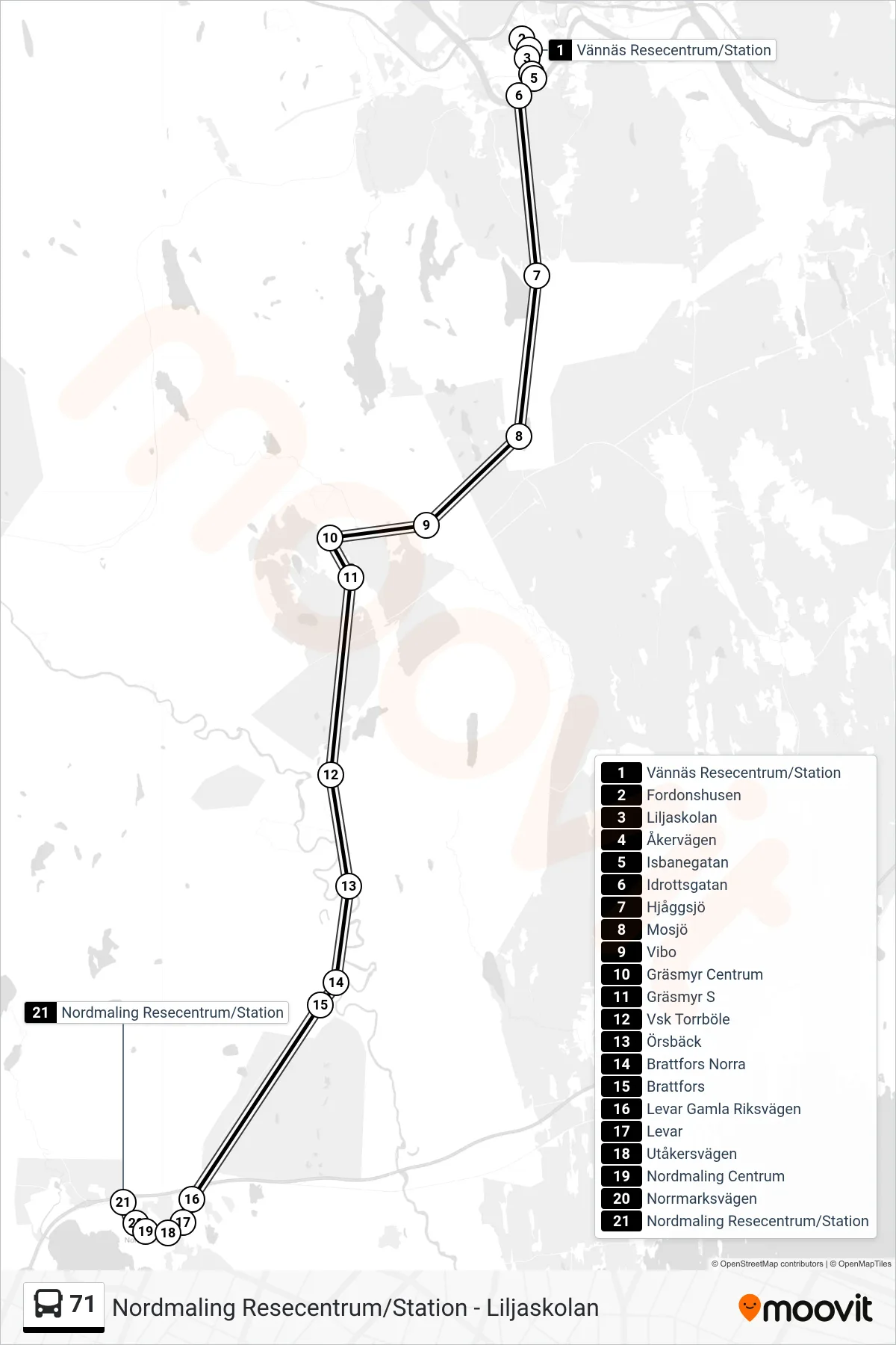 Rutt och hållplatser på karta för linje 71 spårvagn, (Nordmaling Resecentrum/Station)