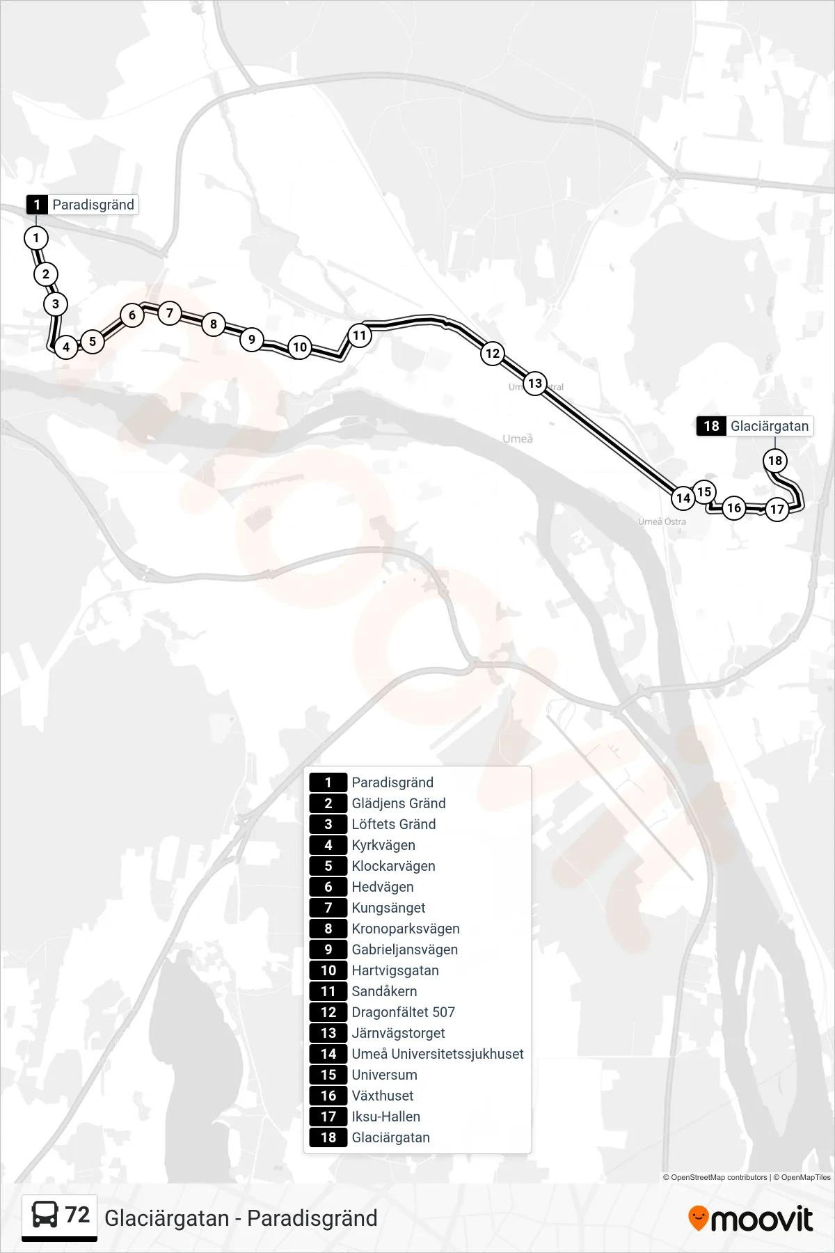Rutt och hållplatser på karta för linje 72 spårvagn, (Glaciärgatan)