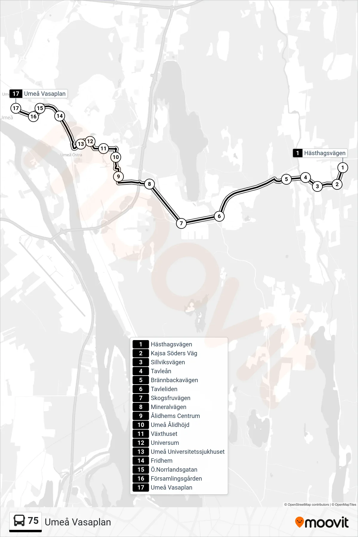 Rutt och hållplatser på karta för linje 75 spårvagn, (Umeå Vasaplan)