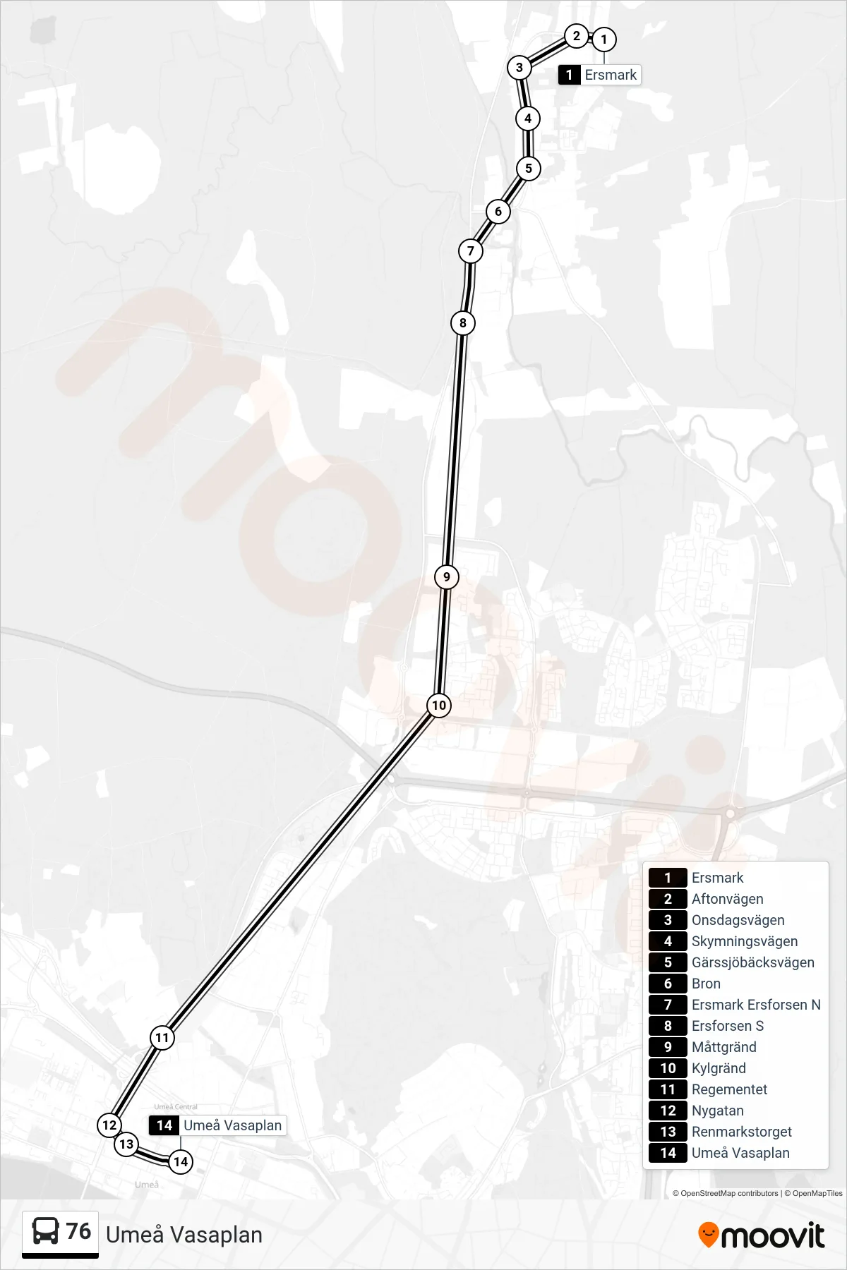 Rutt och hållplatser på karta för linje 76 spårvagn, (Umeå Vasaplan)