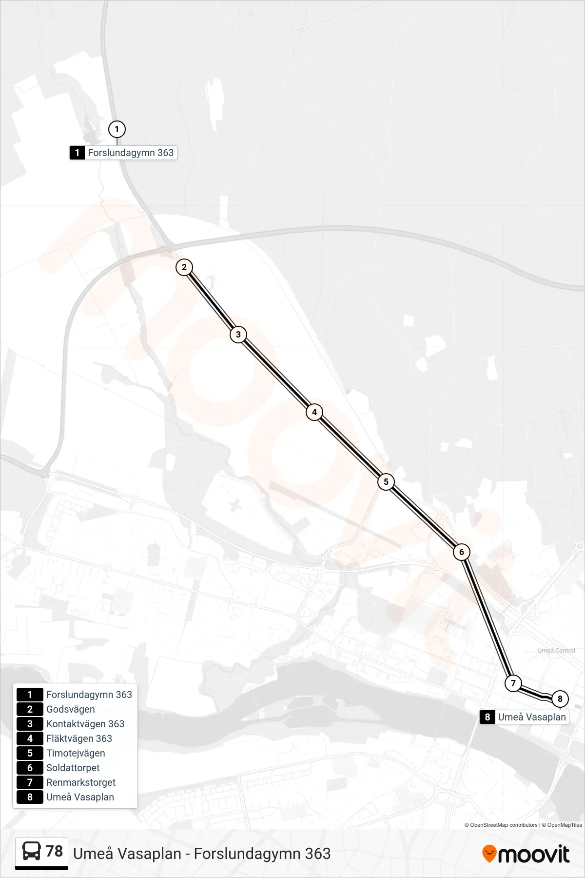 Rutt och hållplatser på karta för linje 78 spårvagn, (Umeå Vasaplan)
