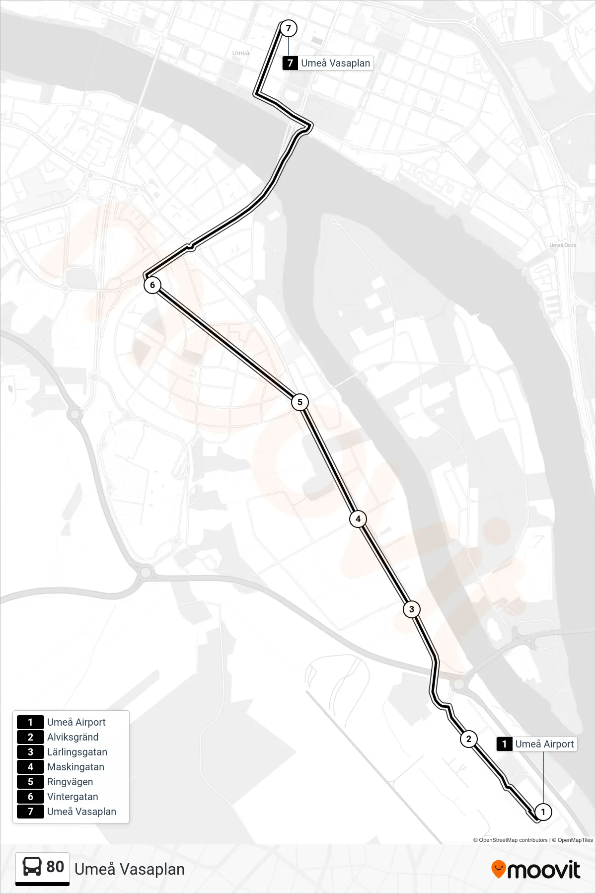 Rutt och hållplatser på karta för linje 80 spårvagn, (Umeå Vasaplan)