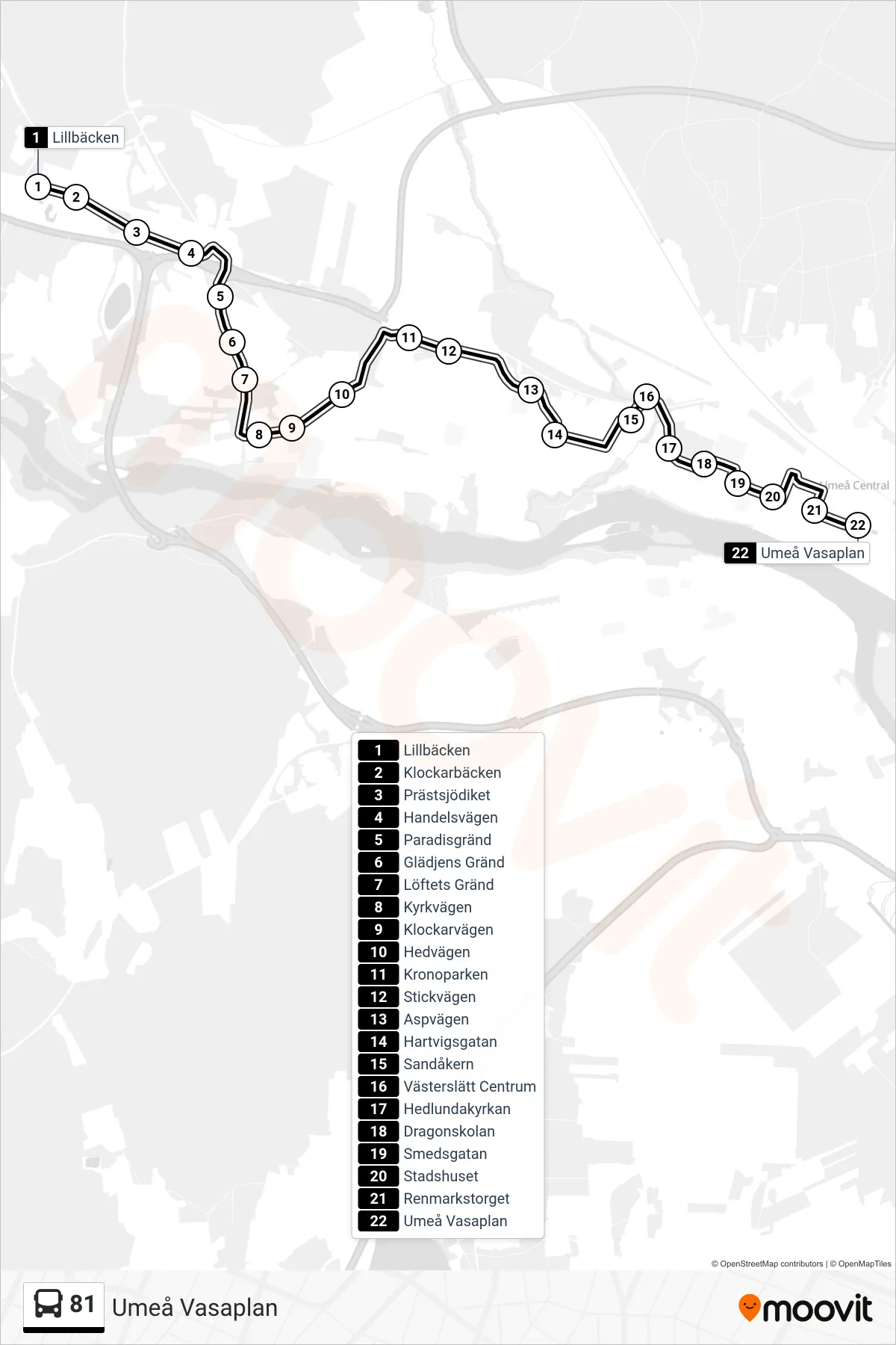 Rutt och hållplatser på karta för linje 81 spårvagn, (Umeå Vasaplan)