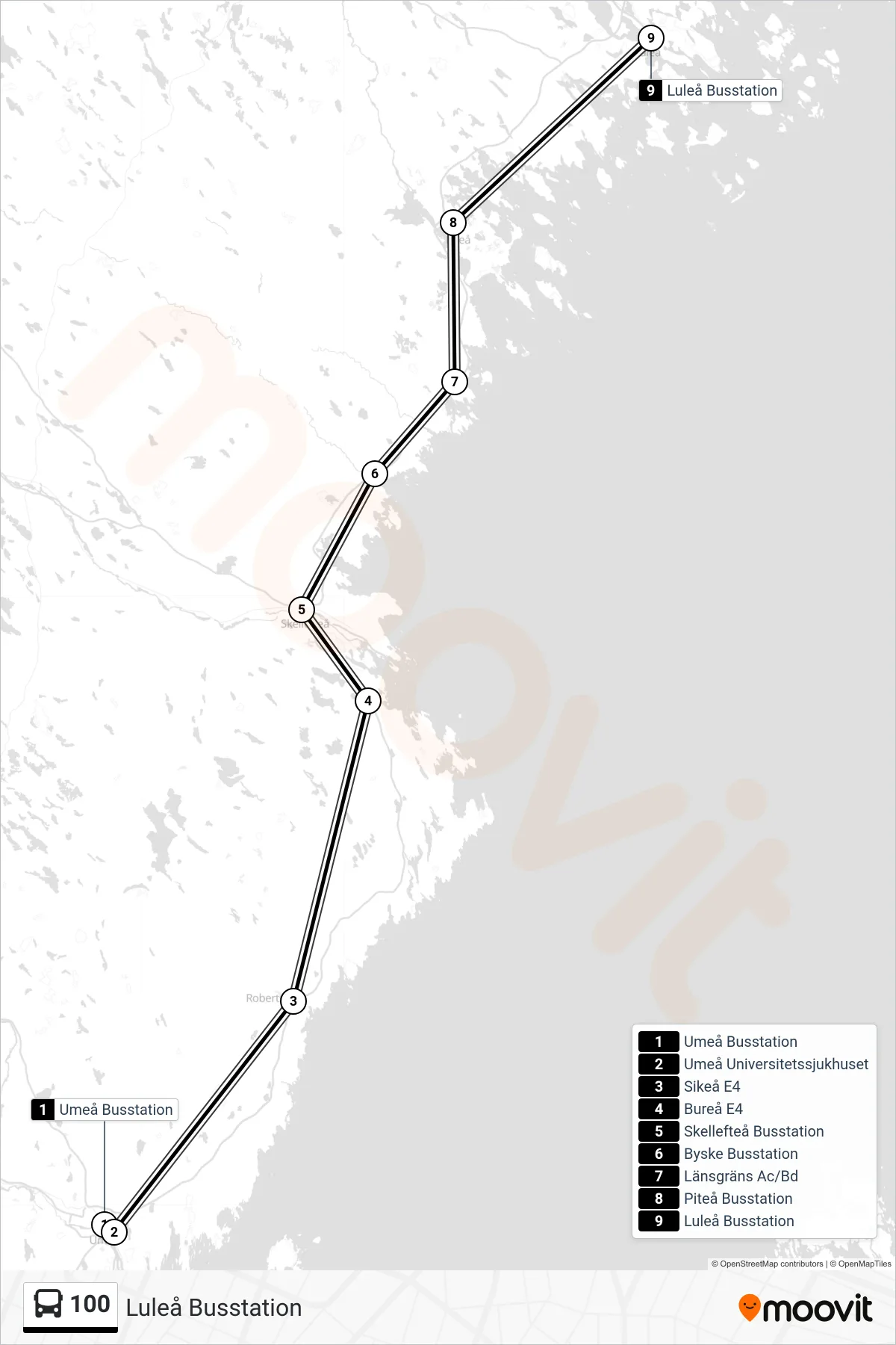 Rutt och hållplatser på karta för linje 100  spårvagn, (Luleå Busstation)