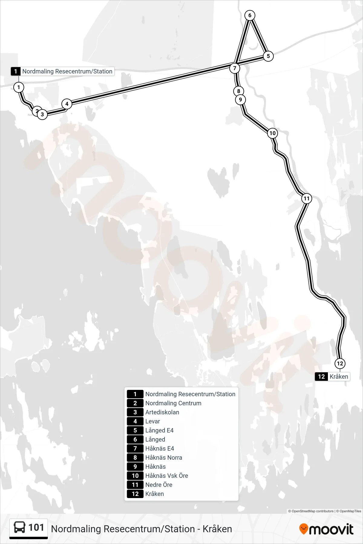Rutt och hållplatser på karta för linje 101 spårvagn, (Kråken)