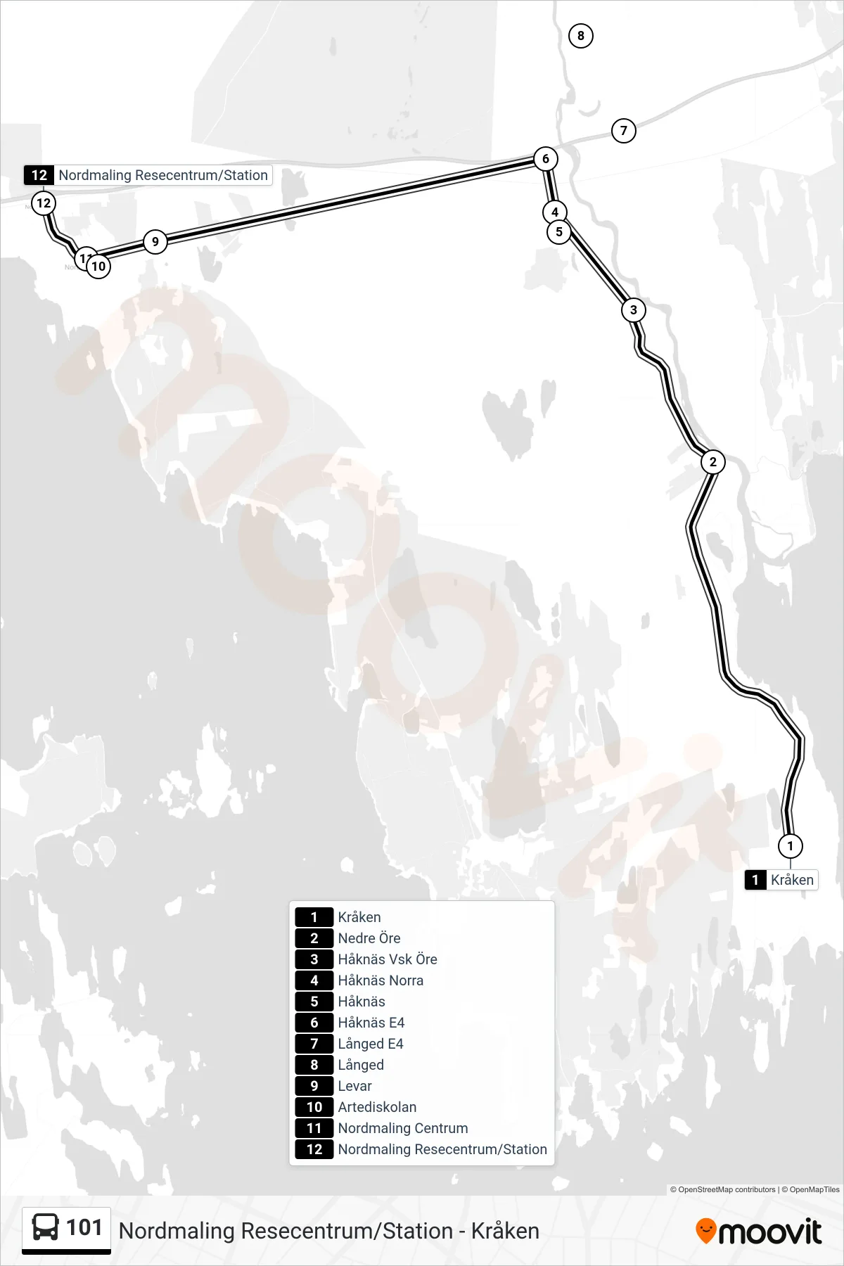 Rutt och hållplatser på karta för linje 101 spårvagn, (Nordmaling Resecentrum/Station)