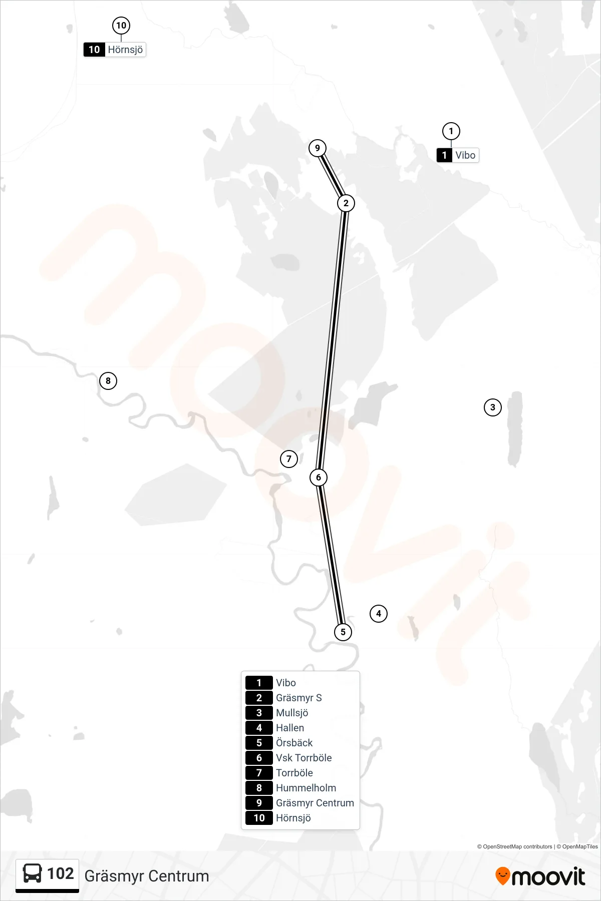 Rutt och hållplatser på karta för linje 102 spårvagn, (Gräsmyr Centrum)