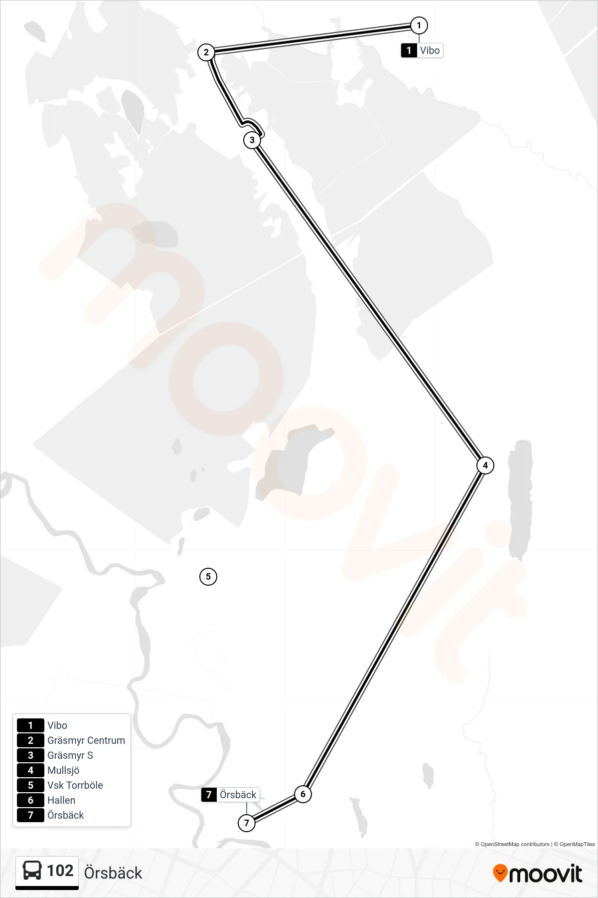 Rutt och hållplatser på karta för linje 102 spårvagn, (Örsbäck)