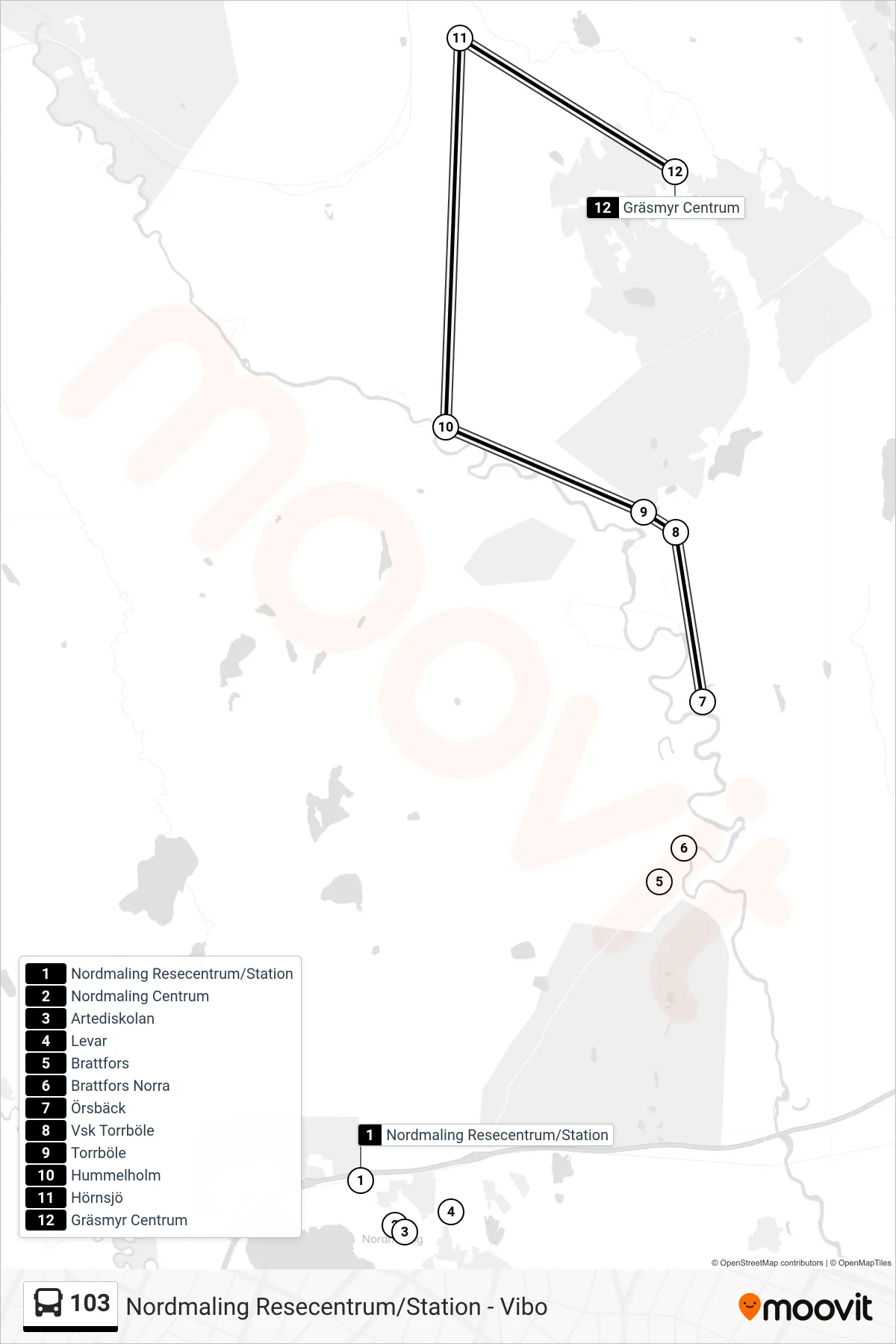 Rutt och hållplatser på karta för linje 103  spårvagn, (Gräsmyr Centrum)