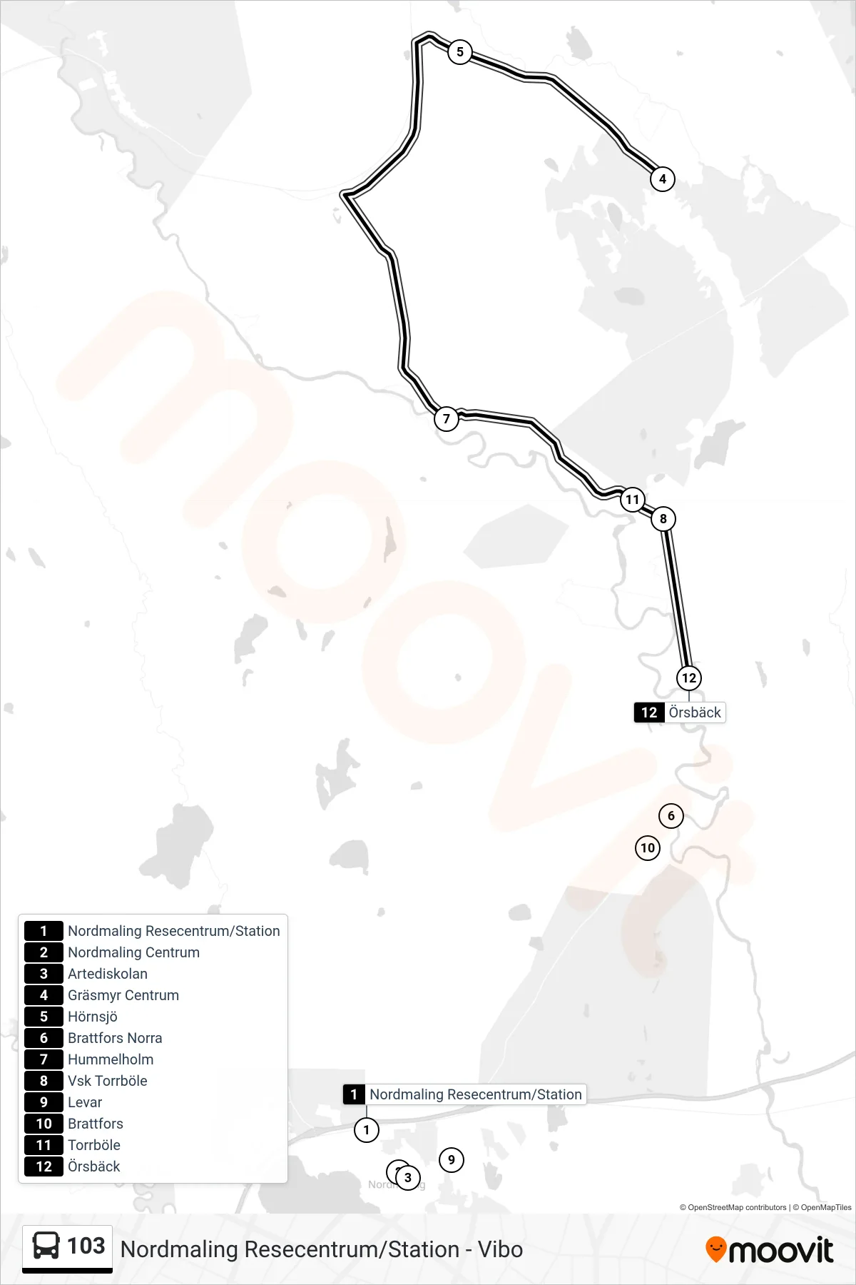 Rutt och hållplatser på karta för linje 103  spårvagn, (Örsbäck)