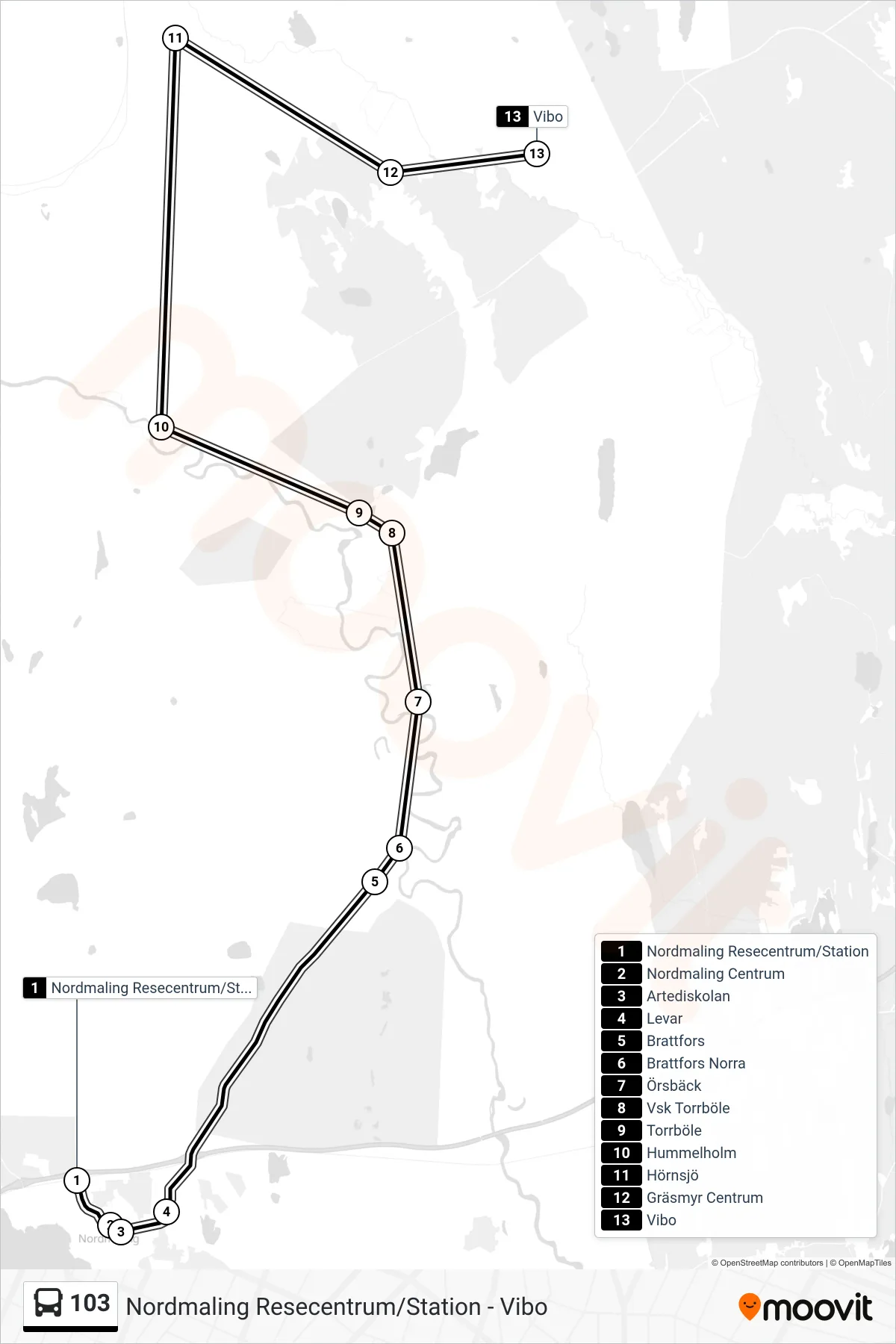 Rutt och hållplatser på karta för linje 103 spårvagn, (Vibo)