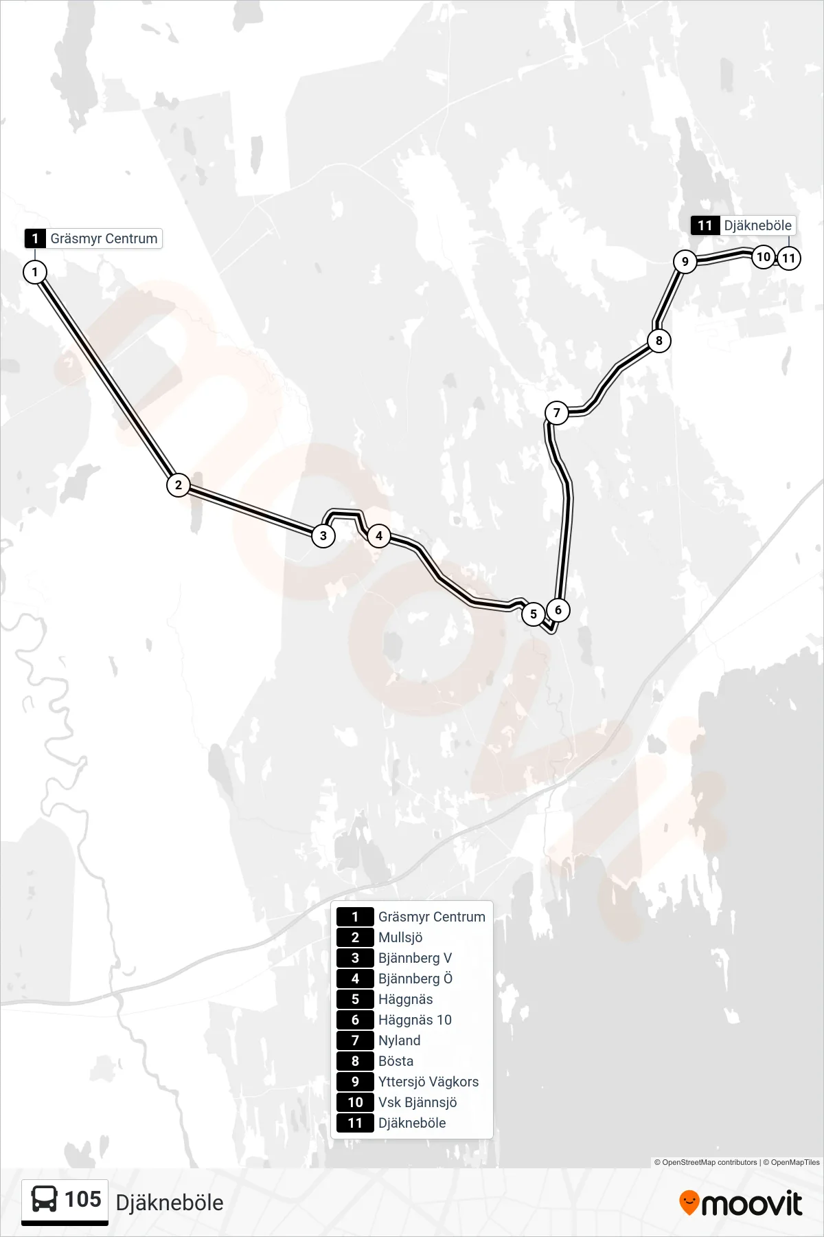Rutt och hållplatser på karta för linje 105 spårvagn, (Djäkneböle)