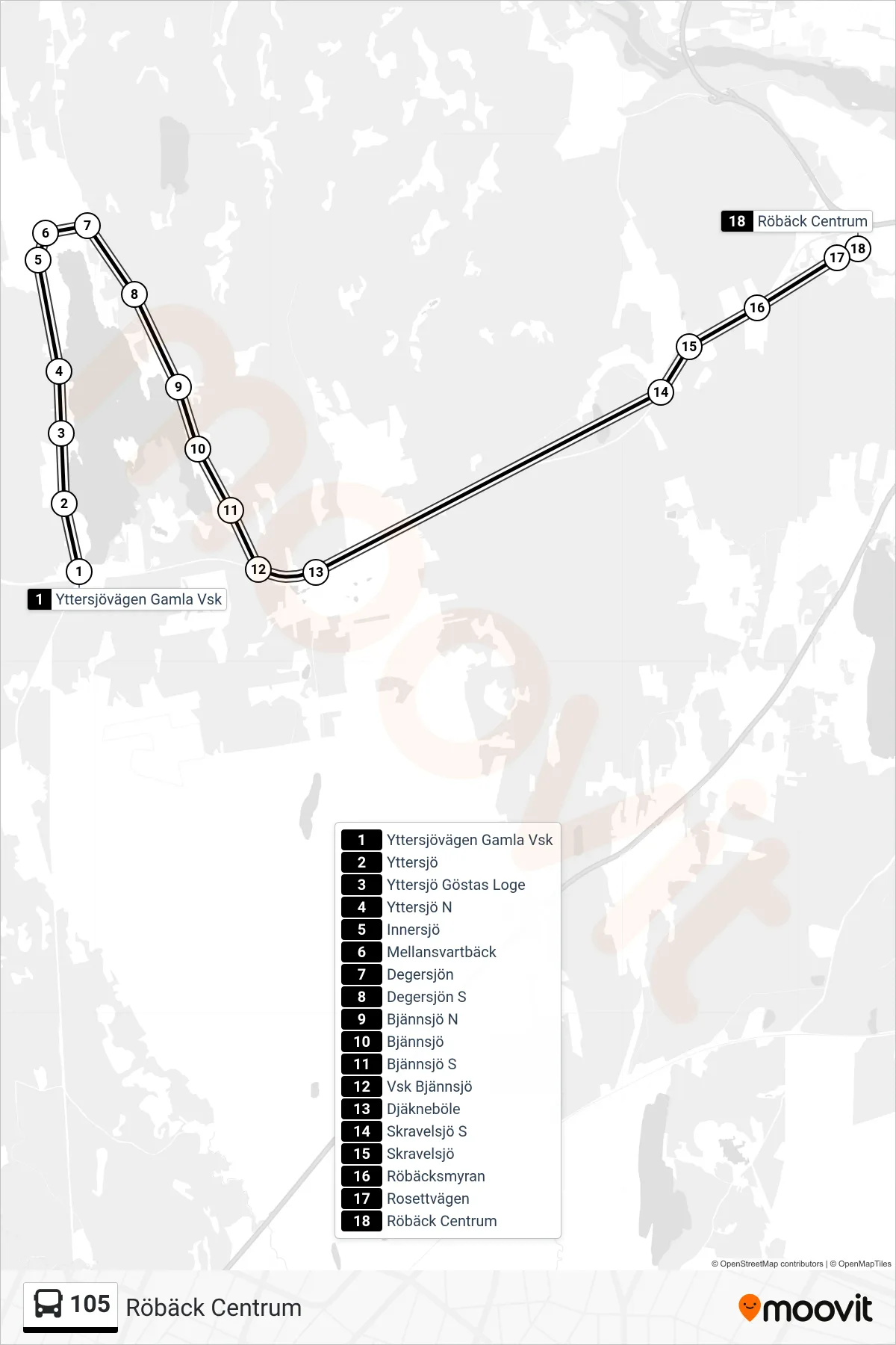 Rutt och hållplatser på karta för linje 105 spårvagn, (Röbäck Centrum)