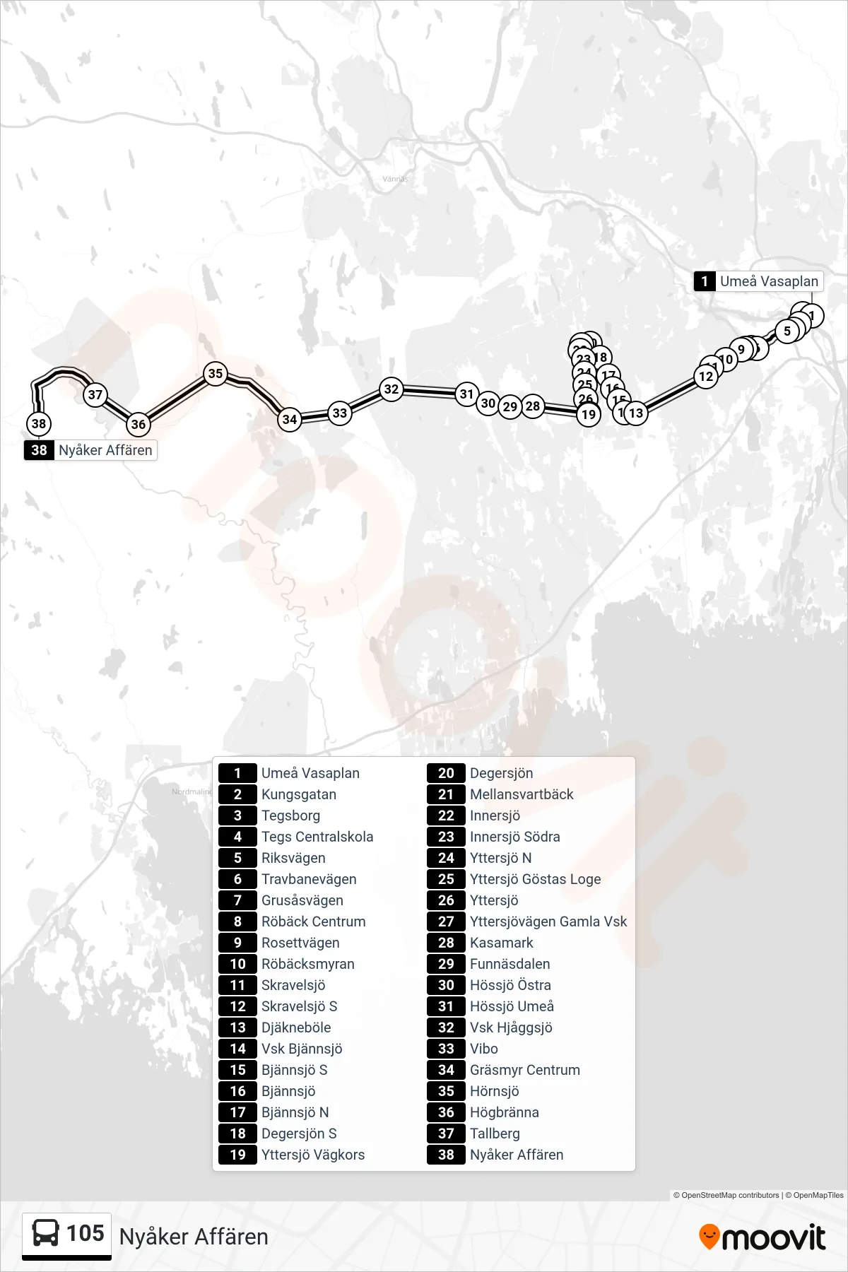 Rutt och hållplatser på karta för linje 105 spårvagn, (Nyåker Affären)
