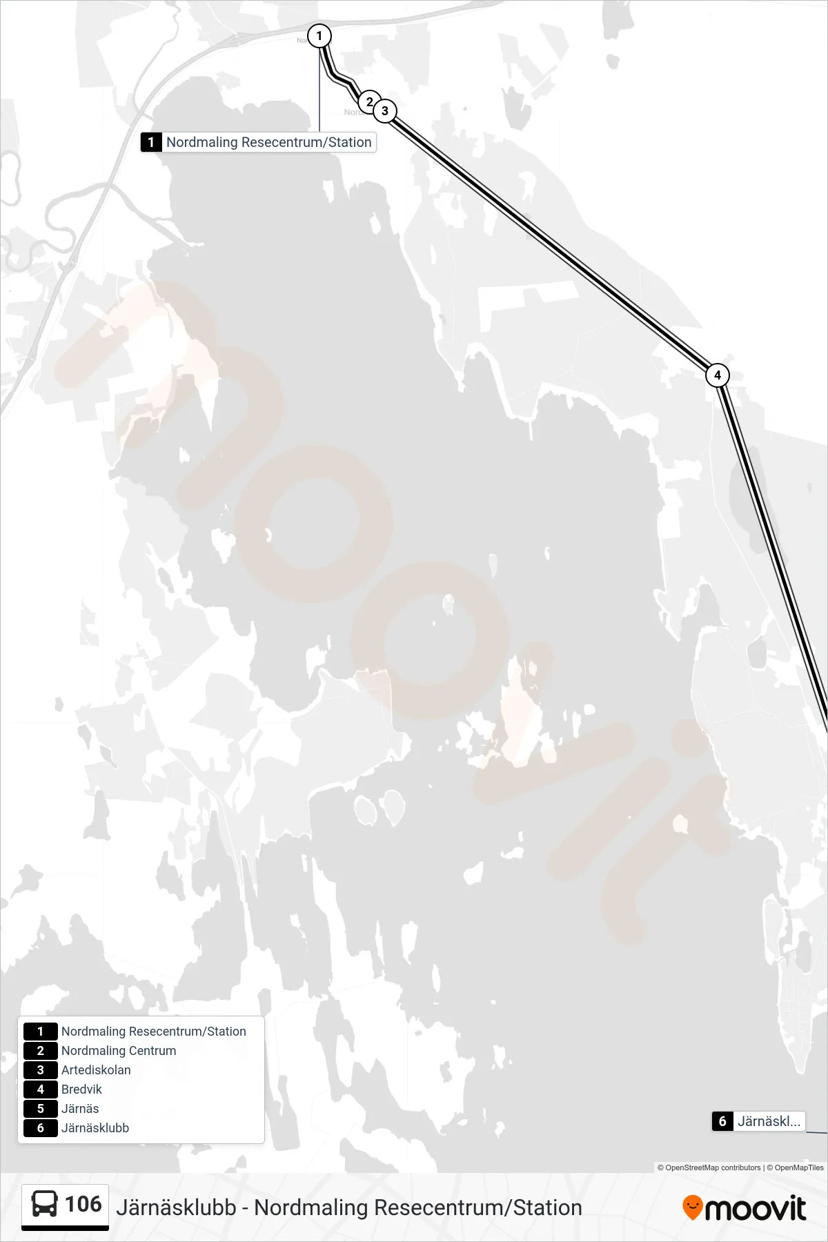 Rutt och hållplatser på karta för linje 106 spårvagn, (Järnäsklubb)