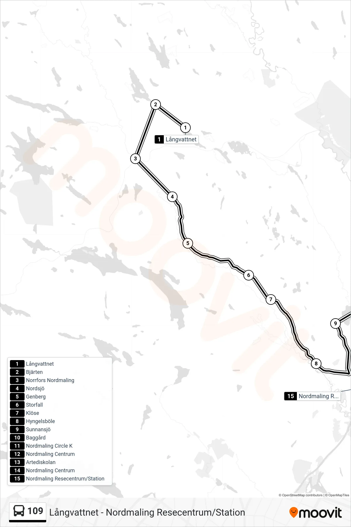Rutt och hållplatser på karta för linje 109 spårvagn, (Nordmaling Resecentrum/Station)