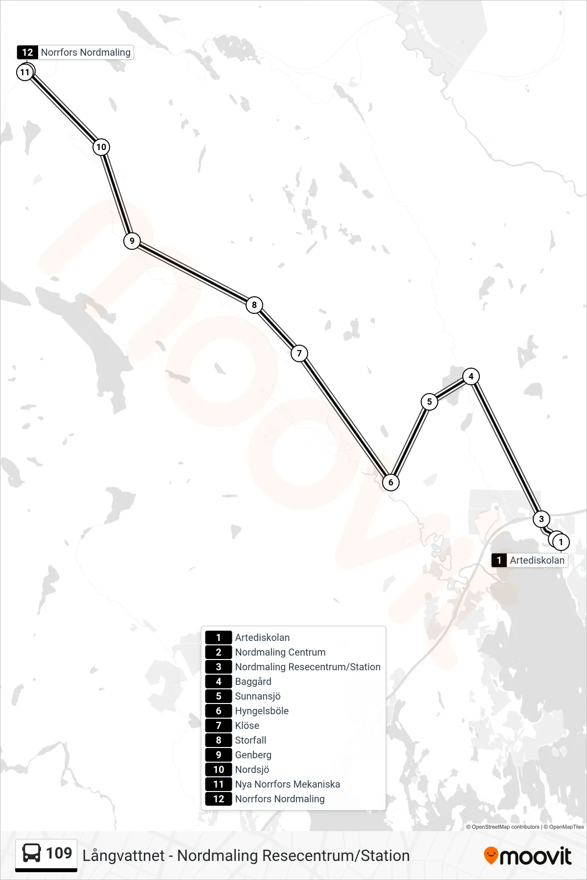Rutt och hållplatser på karta för linje 109 spårvagn, (Norrfors Nordmaling)