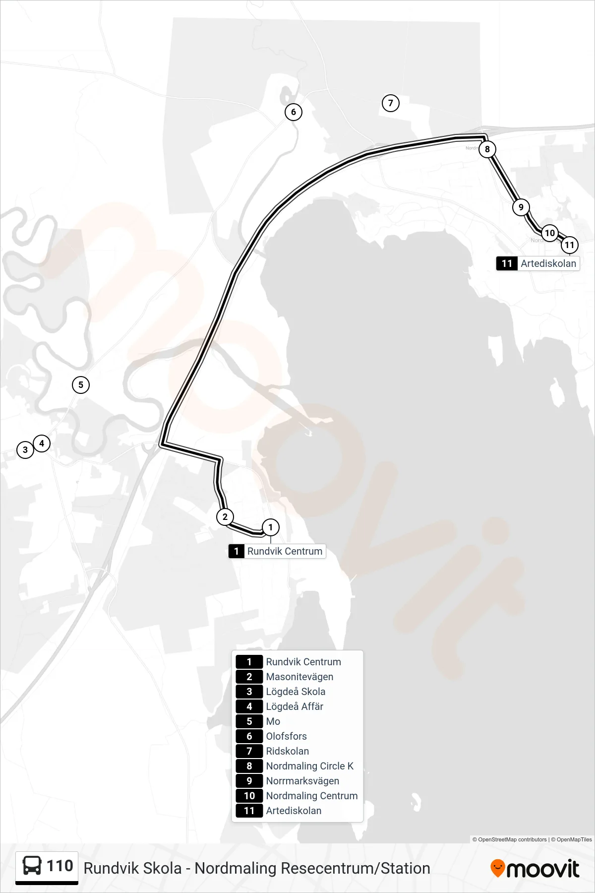 Rutt och hållplatser på karta för linje 110 spårvagn, (Artediskolan)