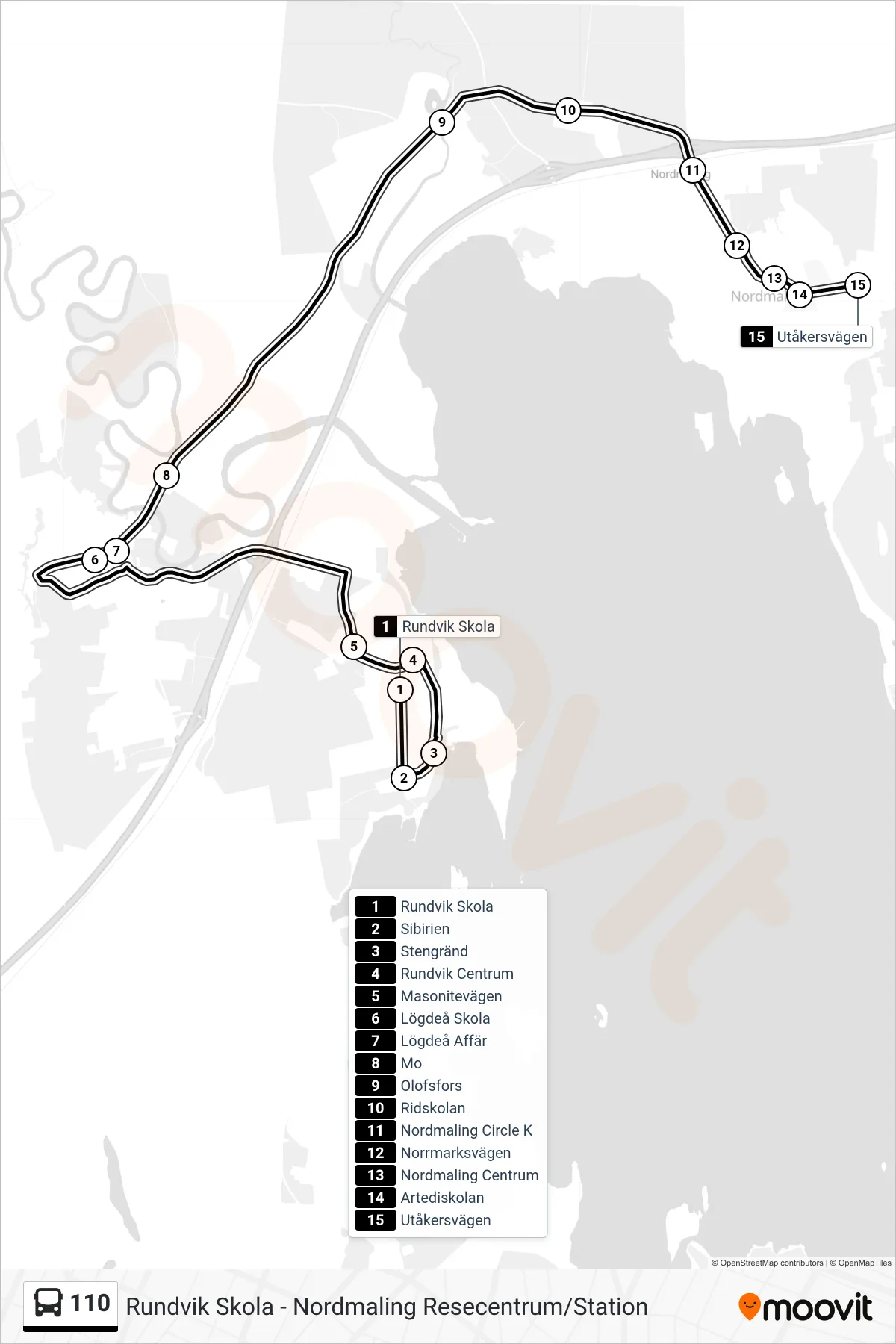 Rutt och hållplatser på karta för linje 110  spårvagn, (Utåkersvägen)