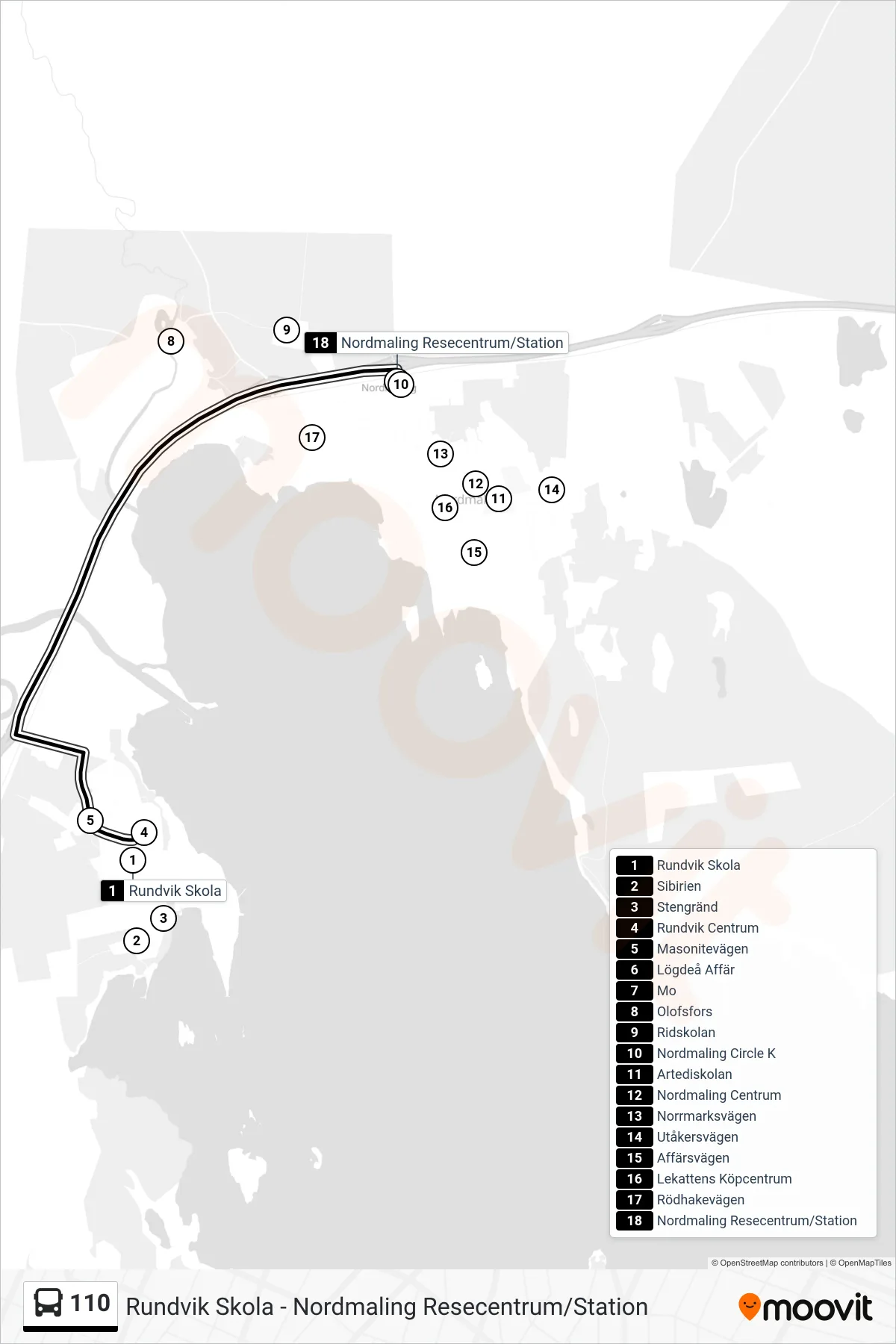 Rutt och hållplatser på karta för linje 110 spårvagn, (Nordmaling Resecentrum/Station)