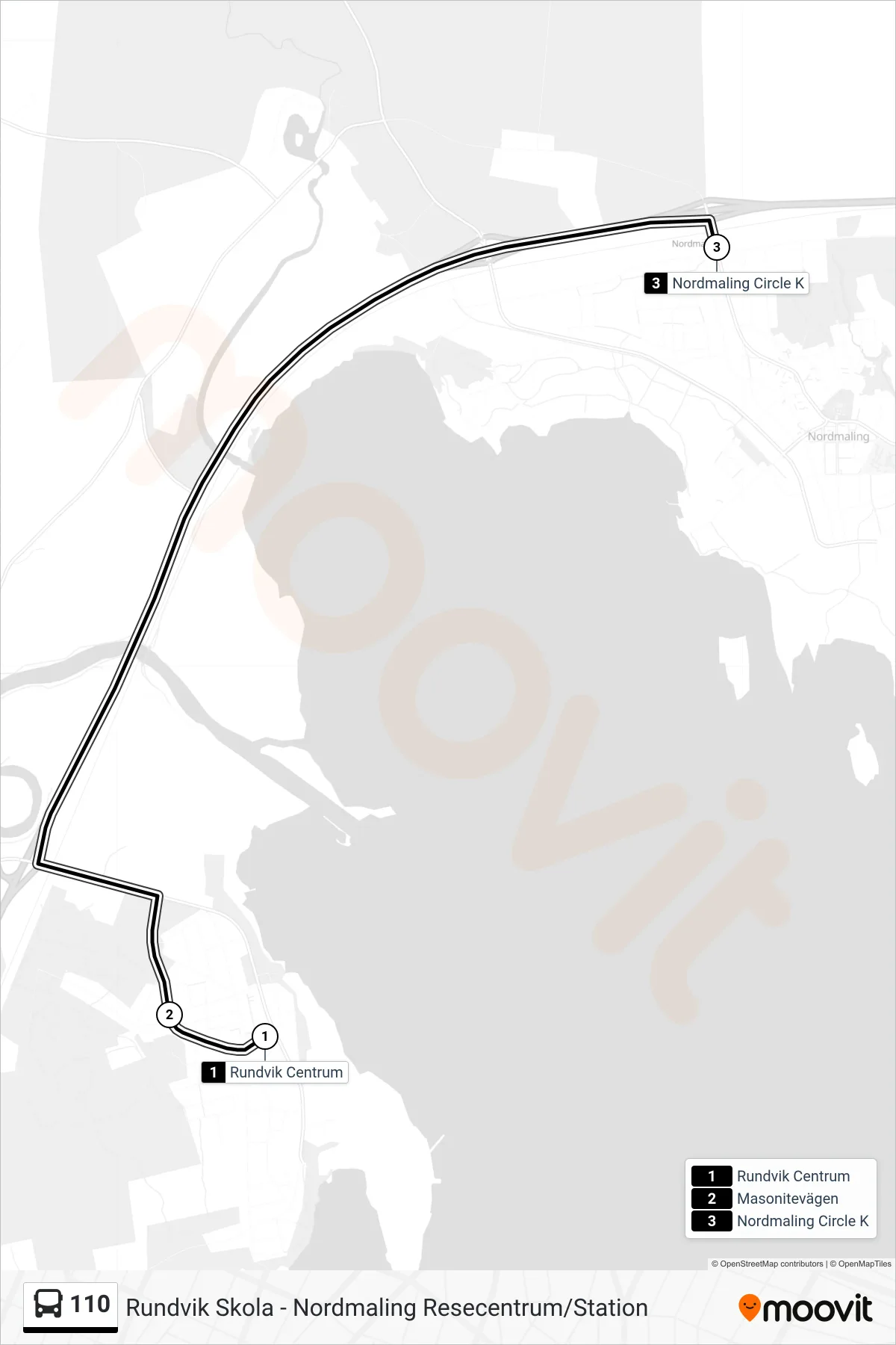 Rutt och hållplatser på karta för linje 110 spårvagn, (Nordmaling Circle K)