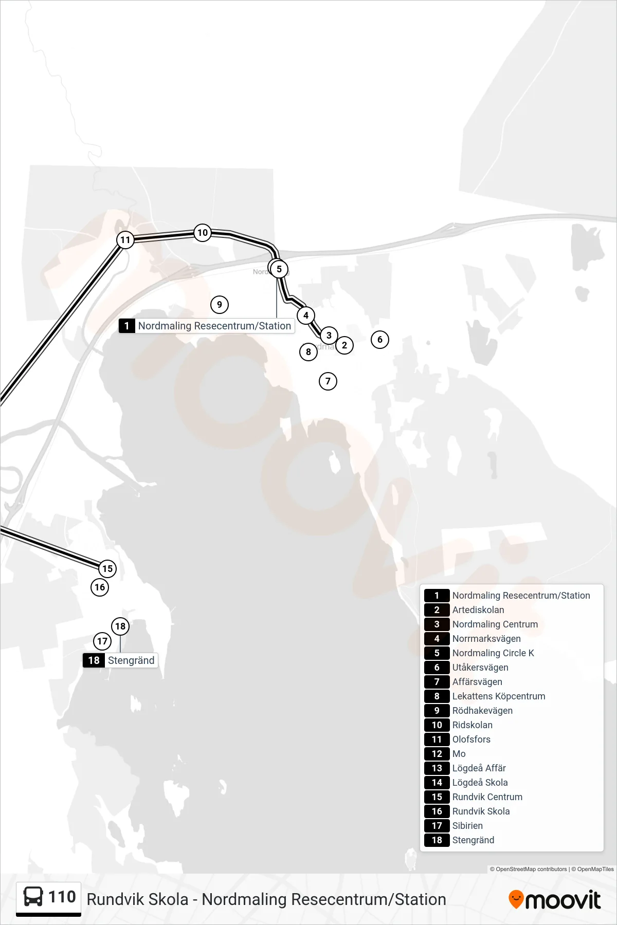 Rutt och hållplatser på karta för linje 110 spårvagn, (Rundvik Centrum)