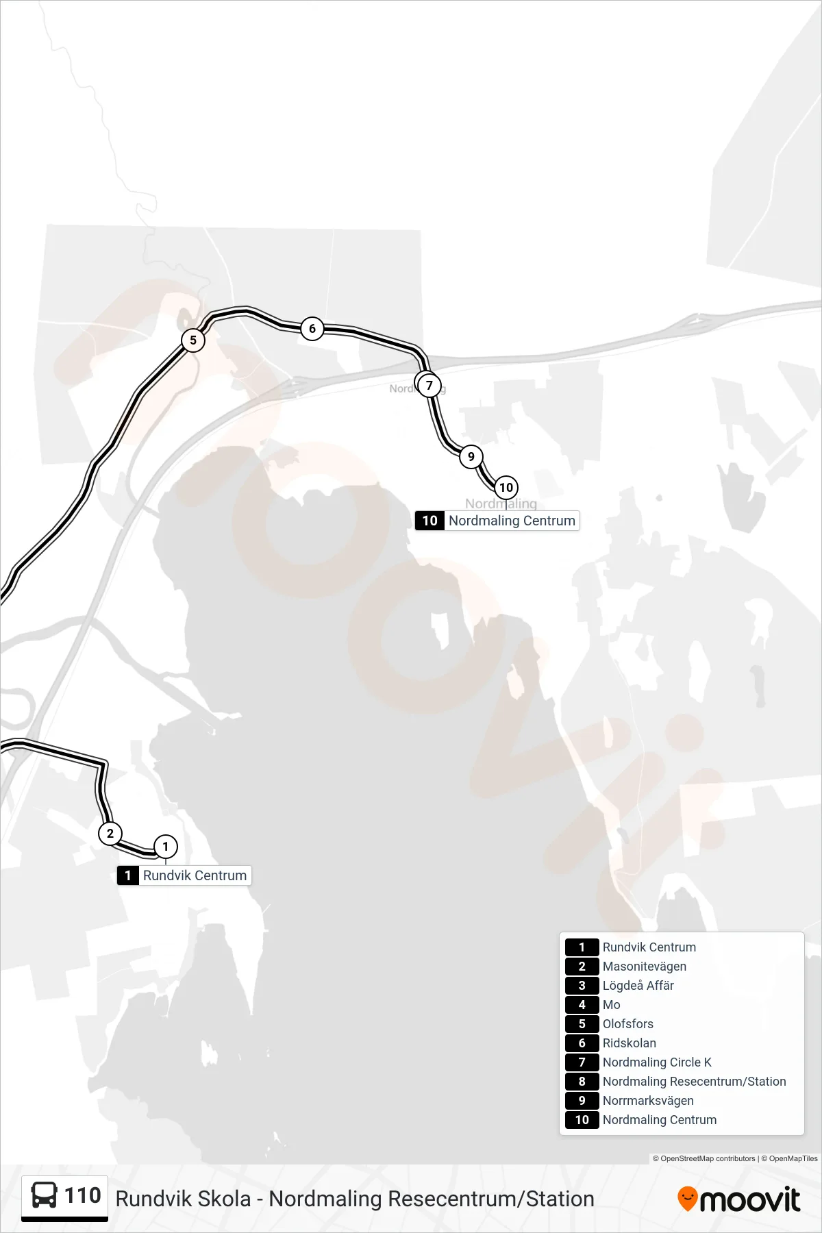 Rutt och hållplatser på karta för linje 110 spårvagn, (Nordmaling Centrum)