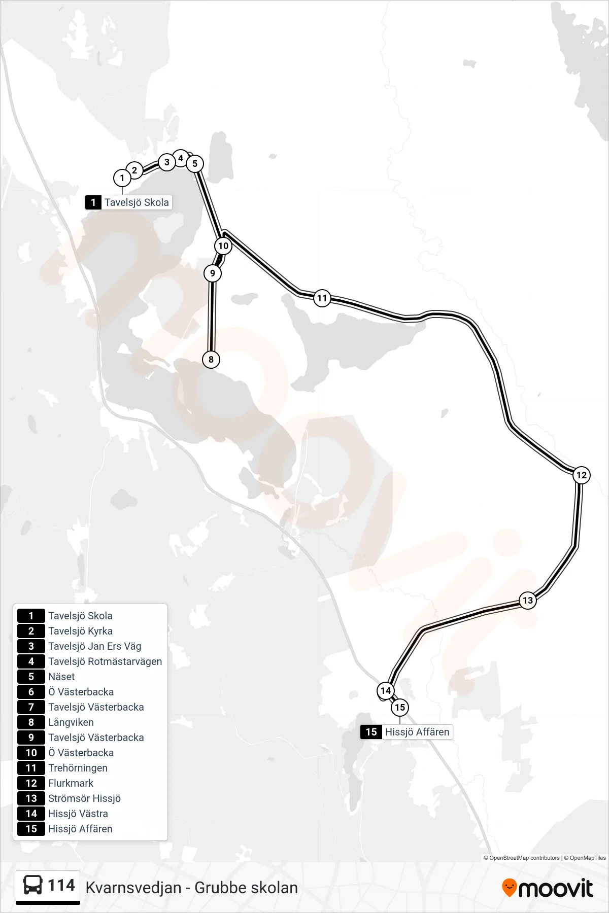 Rutt och hållplatser på karta för linje 114 spårvagn, (Hissjö Affären)