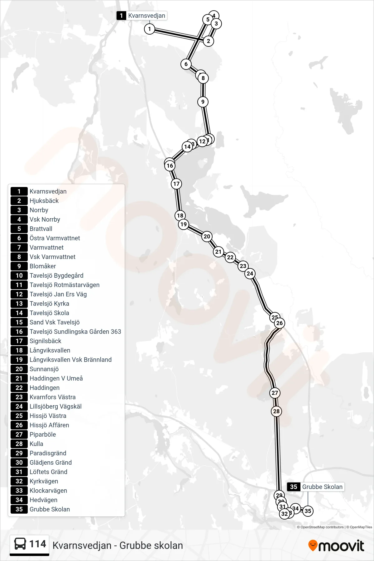 Rutt och hållplatser på karta för linje 114 spårvagn, (Grubbe Skolan)