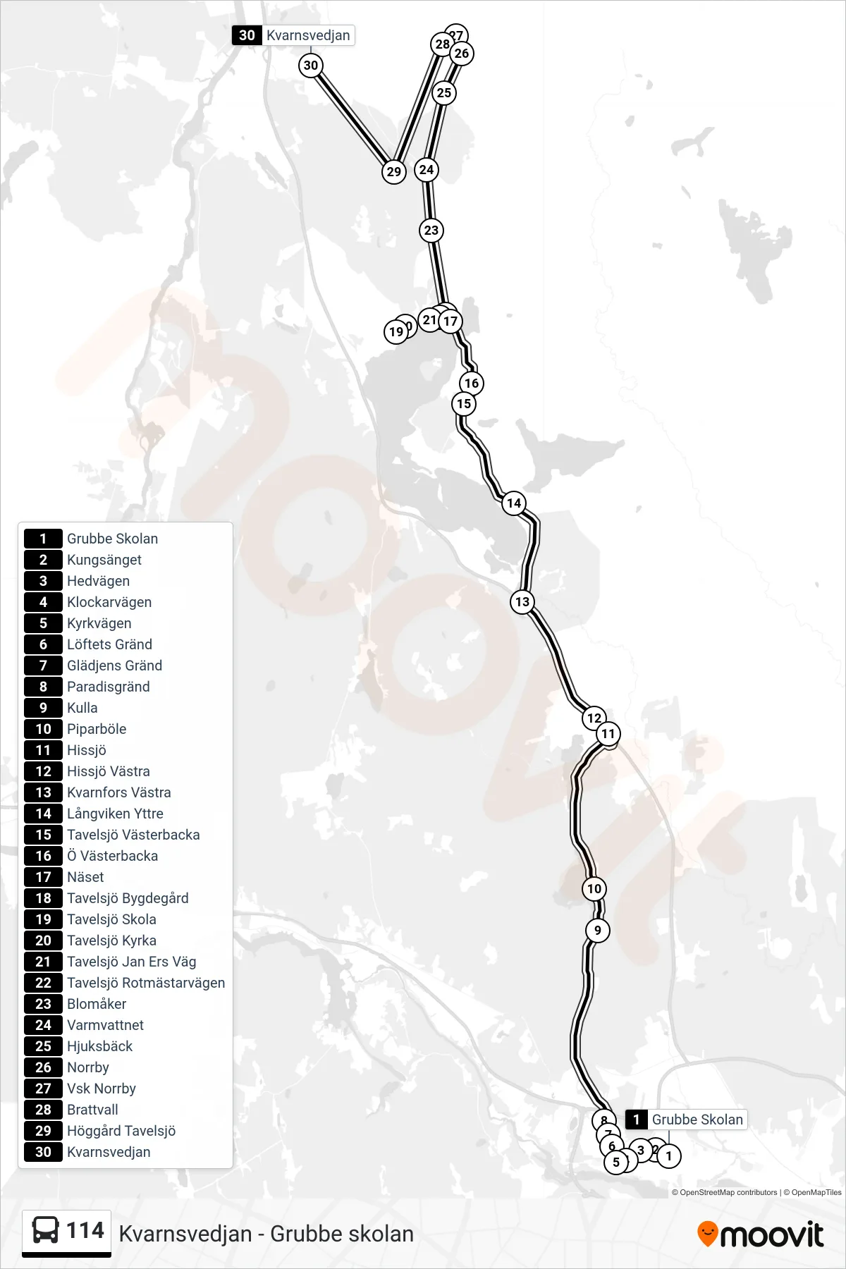 Rutt och hållplatser på karta för linje 114  spårvagn, (Kvarnsvedjan)