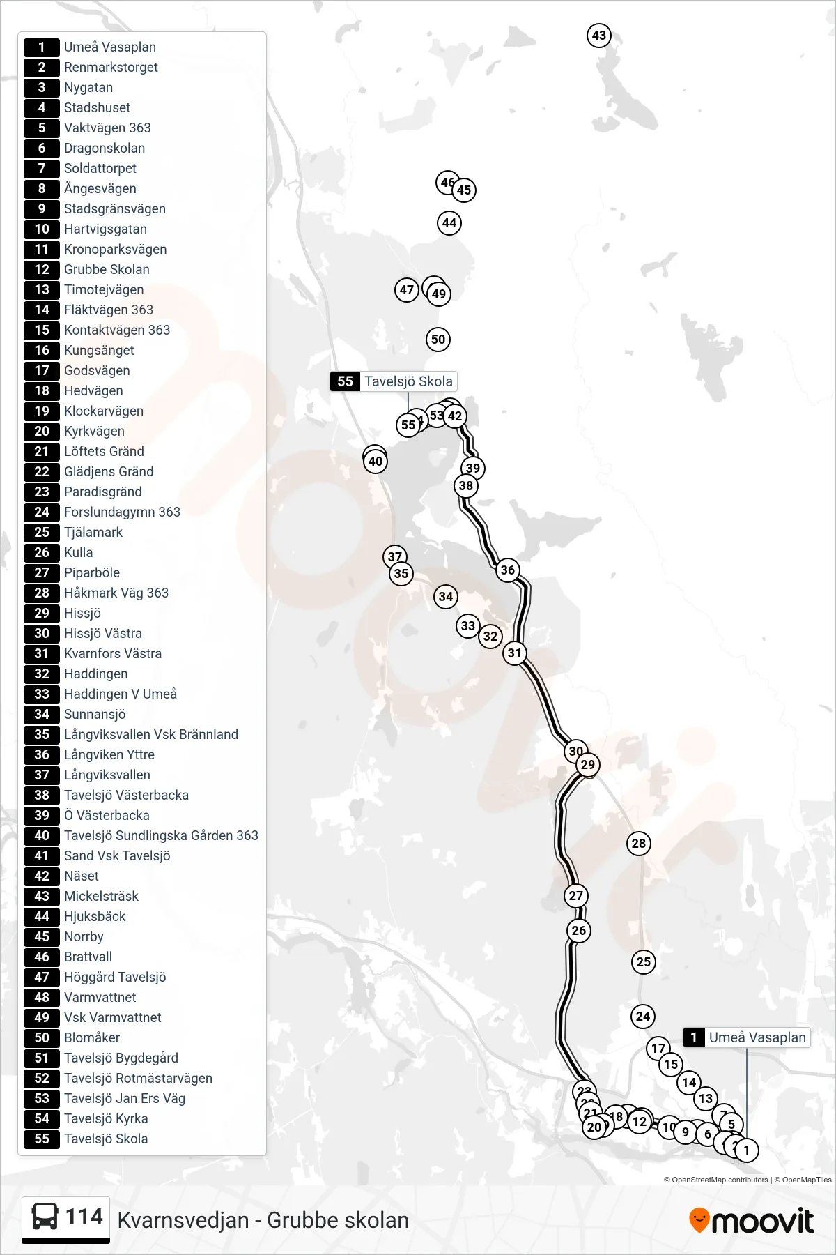 Rutt och hållplatser på karta för linje 114 spårvagn, (Tavelsjö Skola)