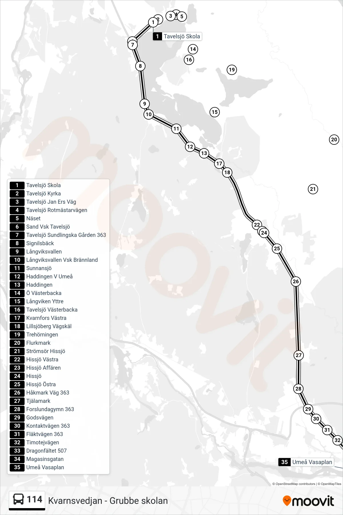 Rutt och hållplatser på karta för linje 114 spårvagn, (Umeå Vasaplan)