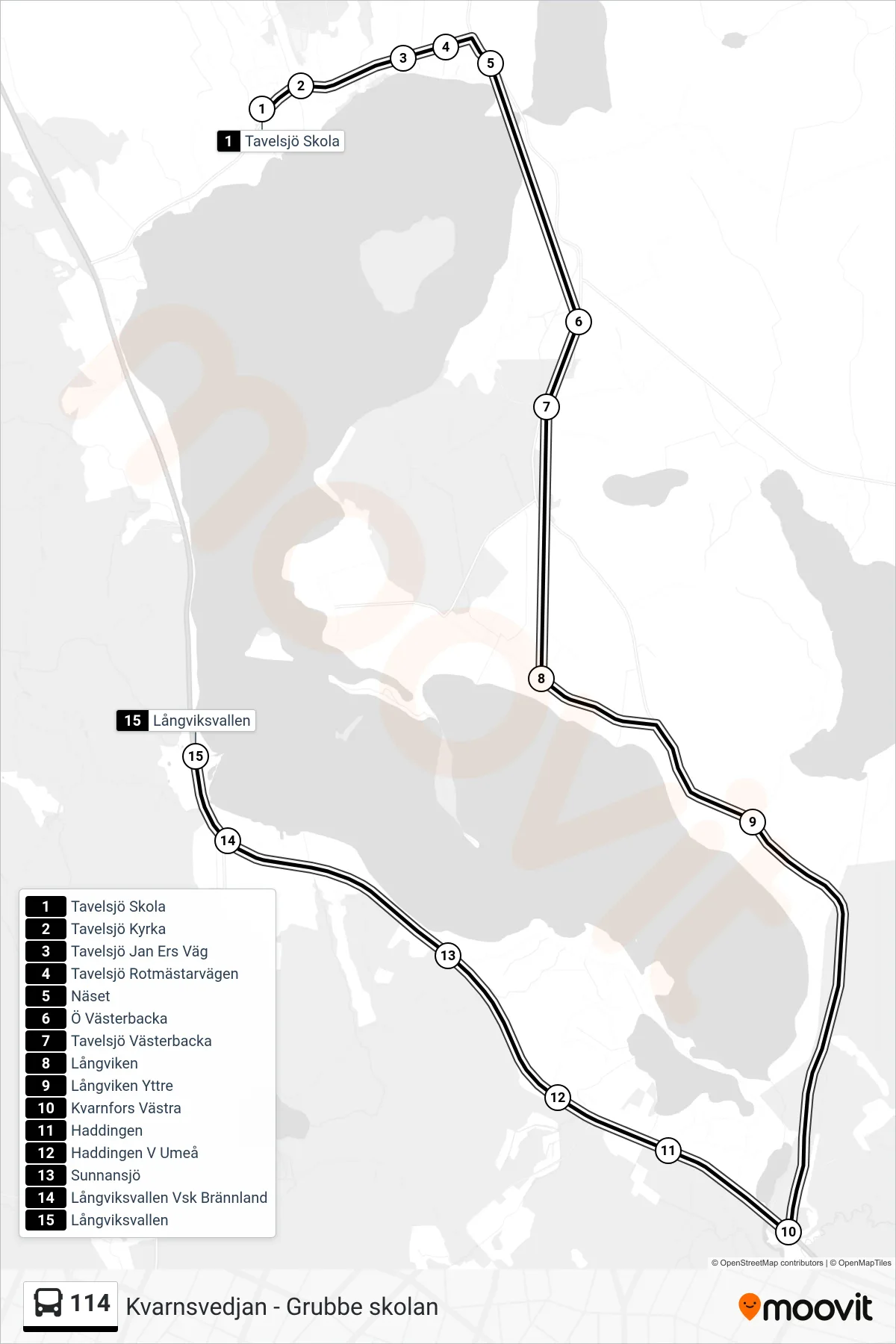 Rutt och hållplatser på karta för linje 114 spårvagn, (Långviksvallen)