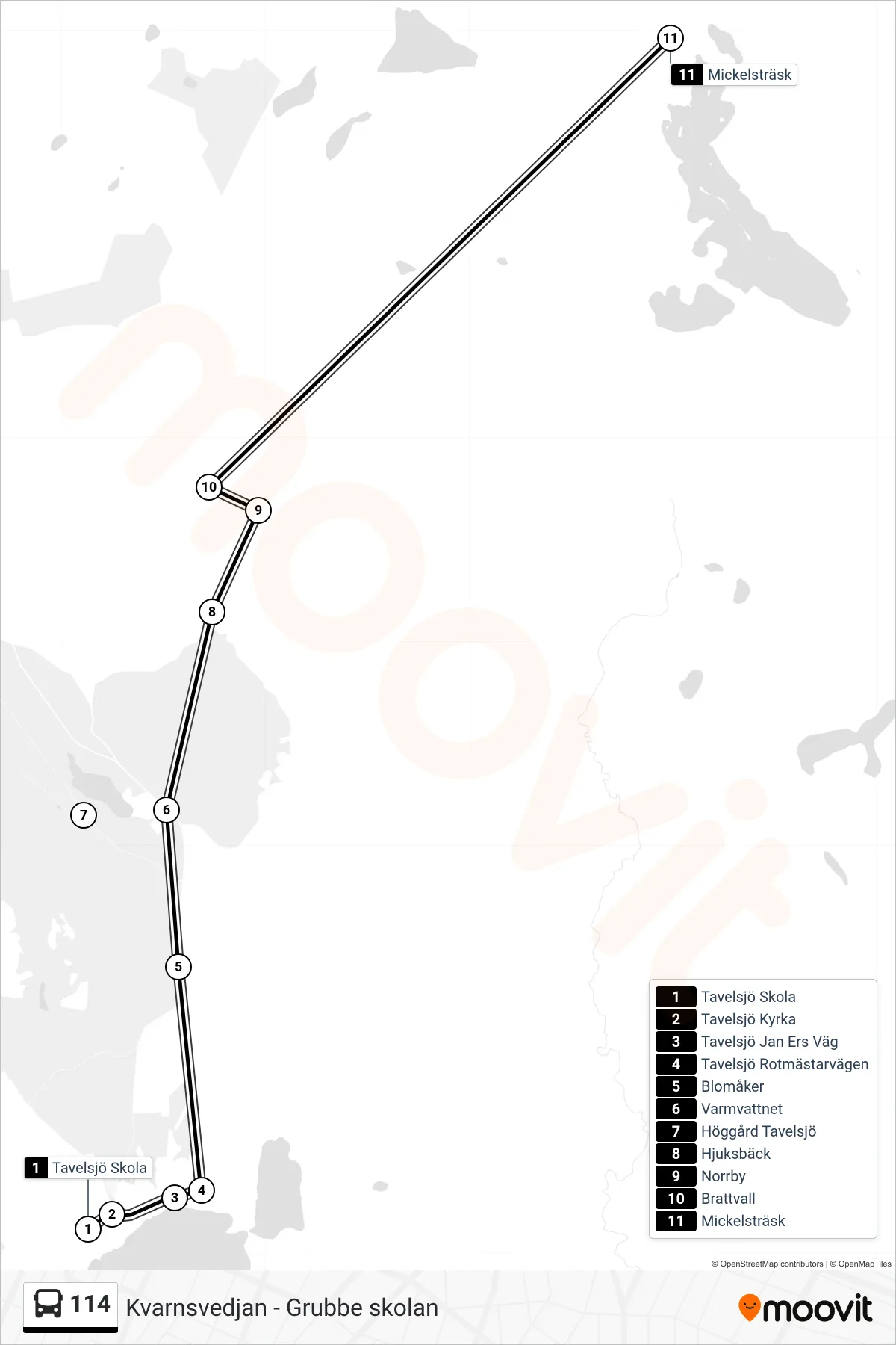 Rutt och hållplatser på karta för linje 114  spårvagn, (Mickelsträsk)