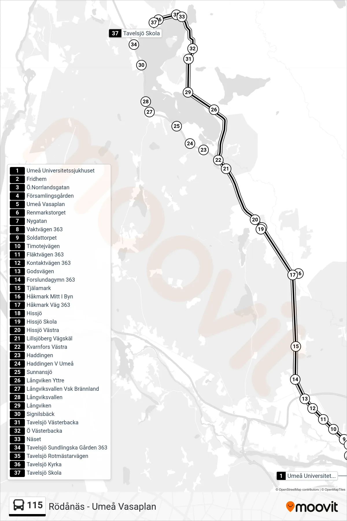 Rutt och hållplatser på karta för linje 115 spårvagn, (Tavelsjö Skola)
