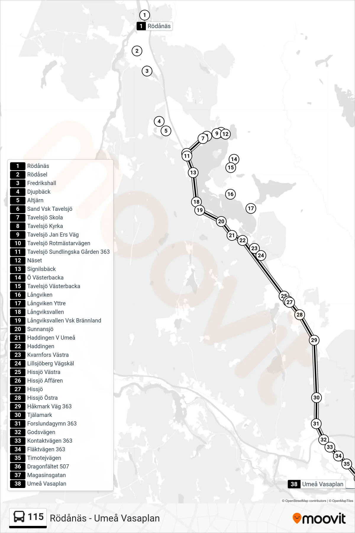 Rutt och hållplatser på karta för linje 115 spårvagn, (Umeå Vasaplan)