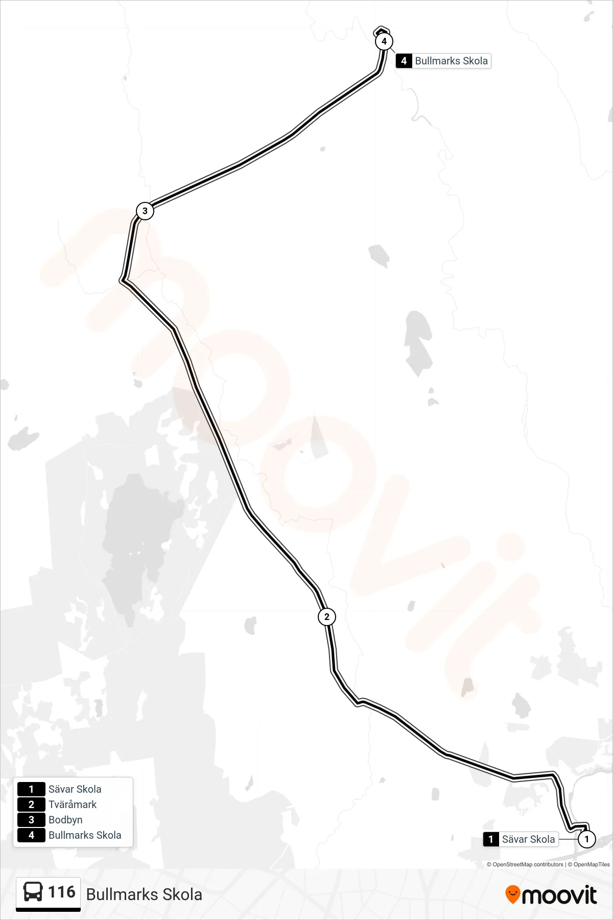 Rutt och hållplatser på karta för linje 116 spårvagn, (Bullmarks Skola)