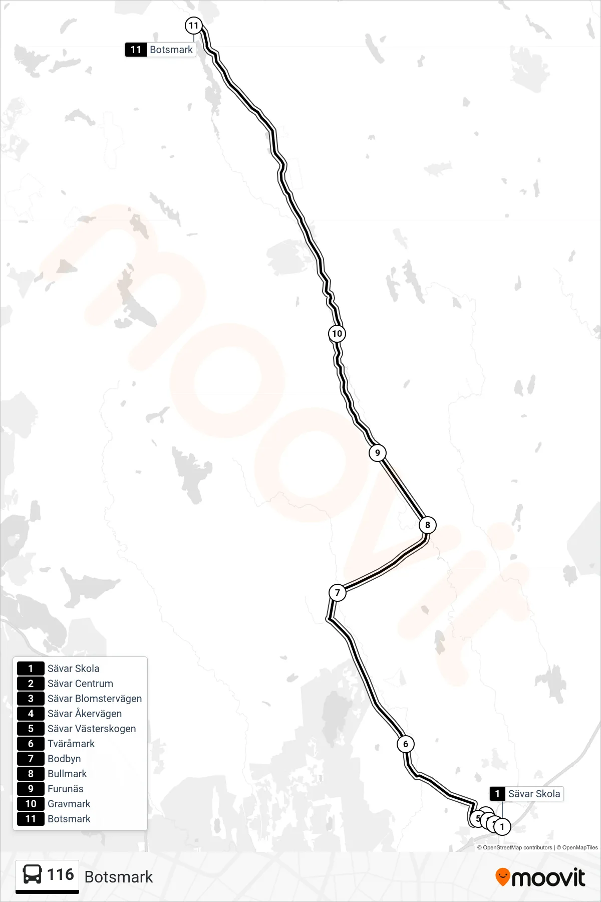 Rutt och hållplatser på karta för linje 116 spårvagn, (Botsmark)