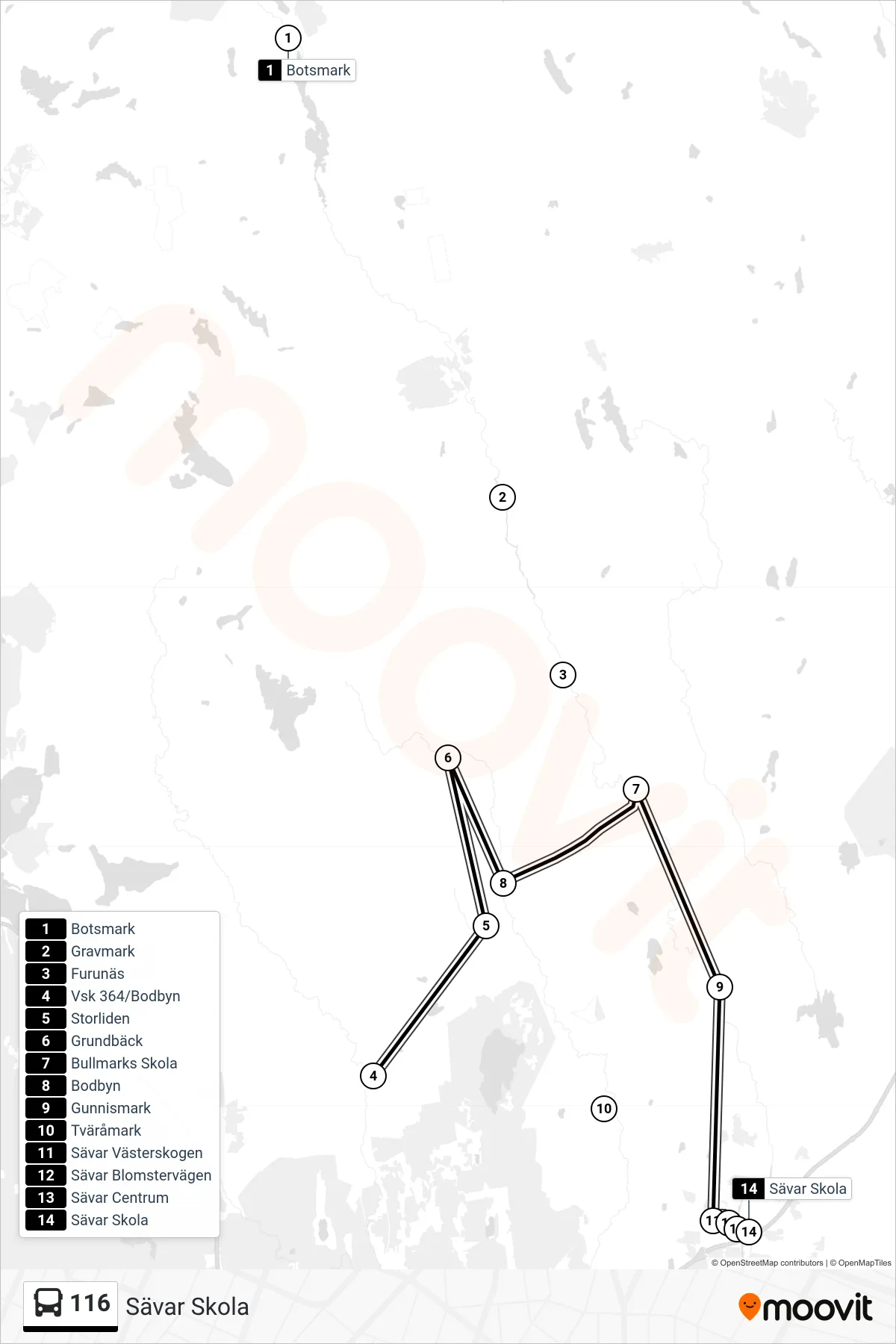 Rutt och hållplatser på karta för linje 116 spårvagn, (Sävar Skola)