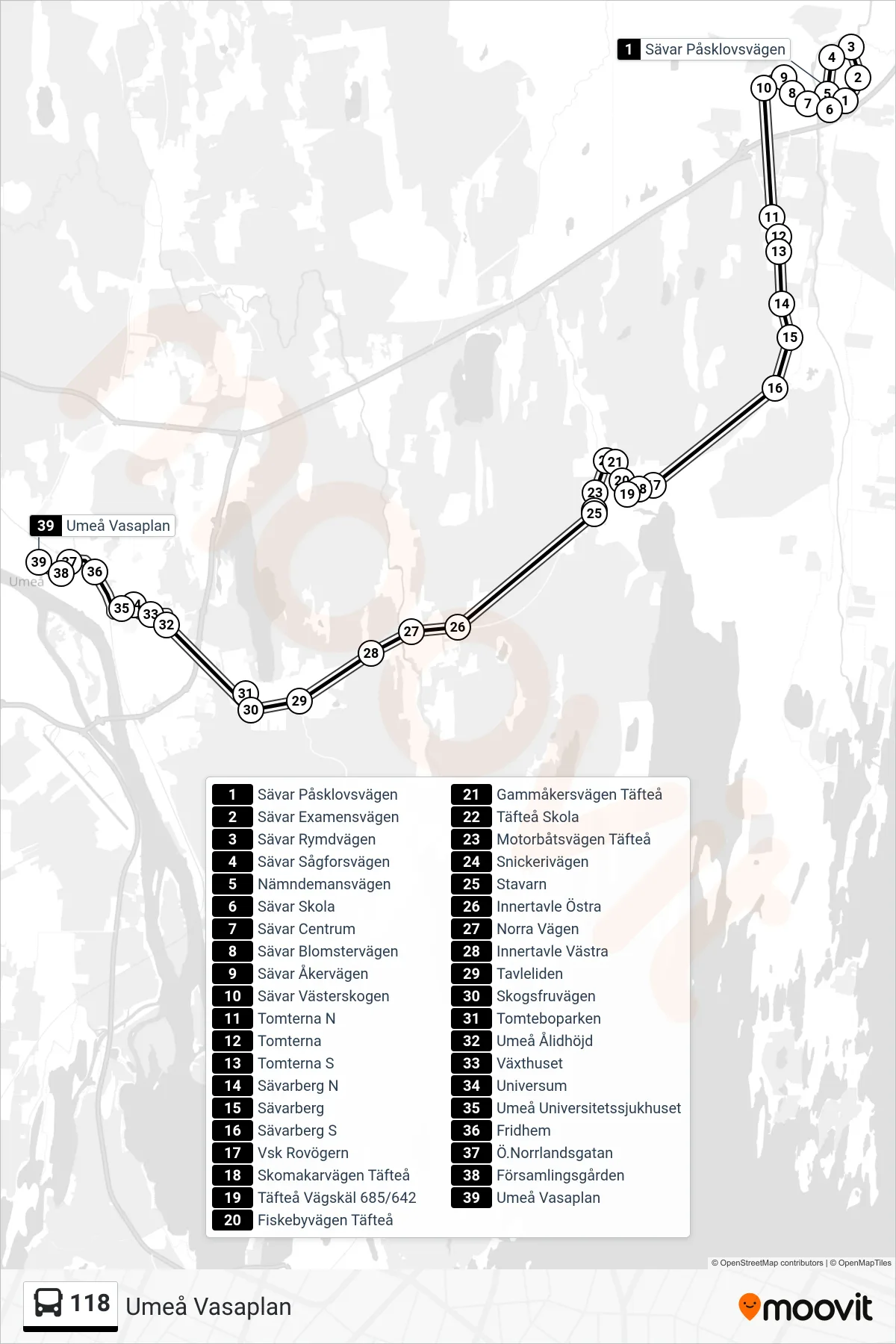 Rutt och hållplatser på karta för linje 118 spårvagn, (Umeå Vasaplan)