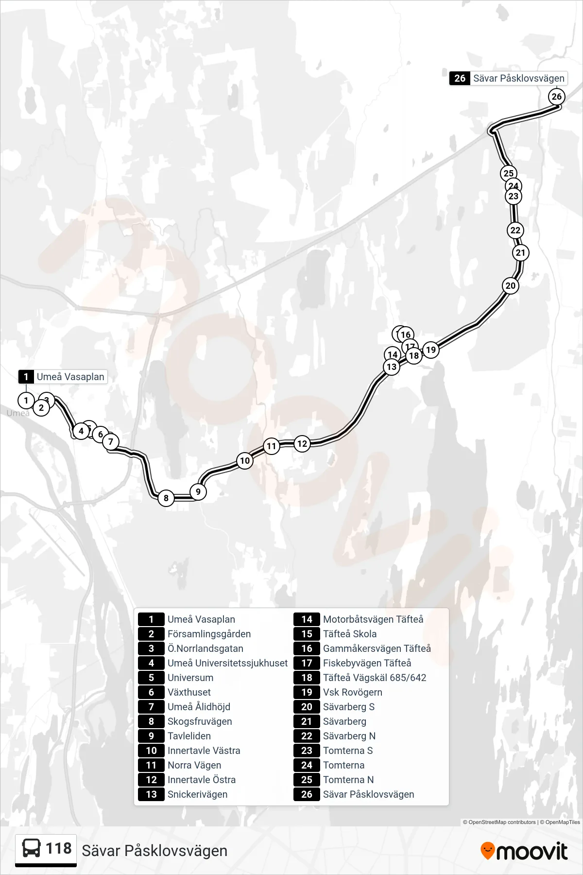 Rutt och hållplatser på karta för linje 118 spårvagn, (Sävar Påsklovsvägen)